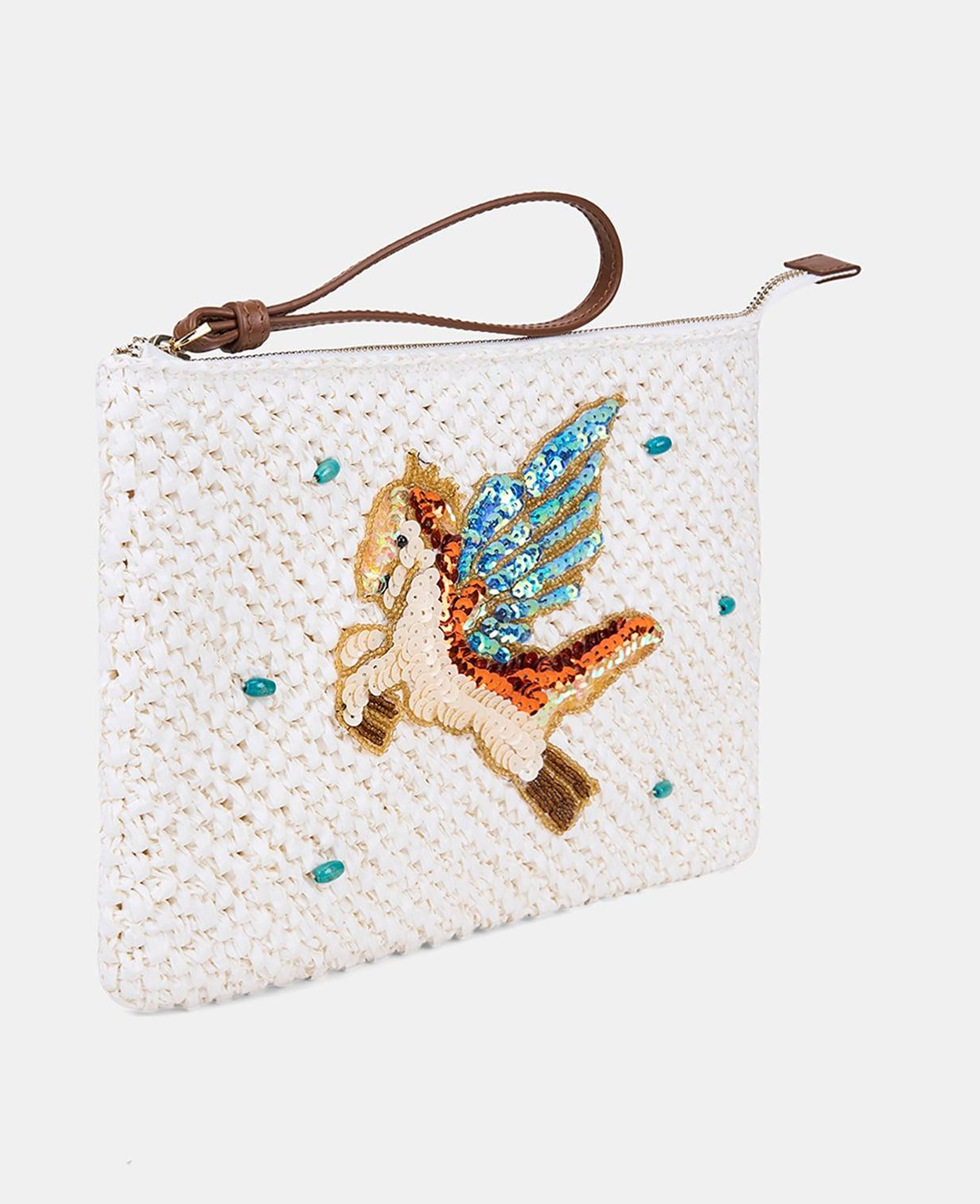 Kadın Beyaz Unicorn Detaylı Hasır Clutch Çanta