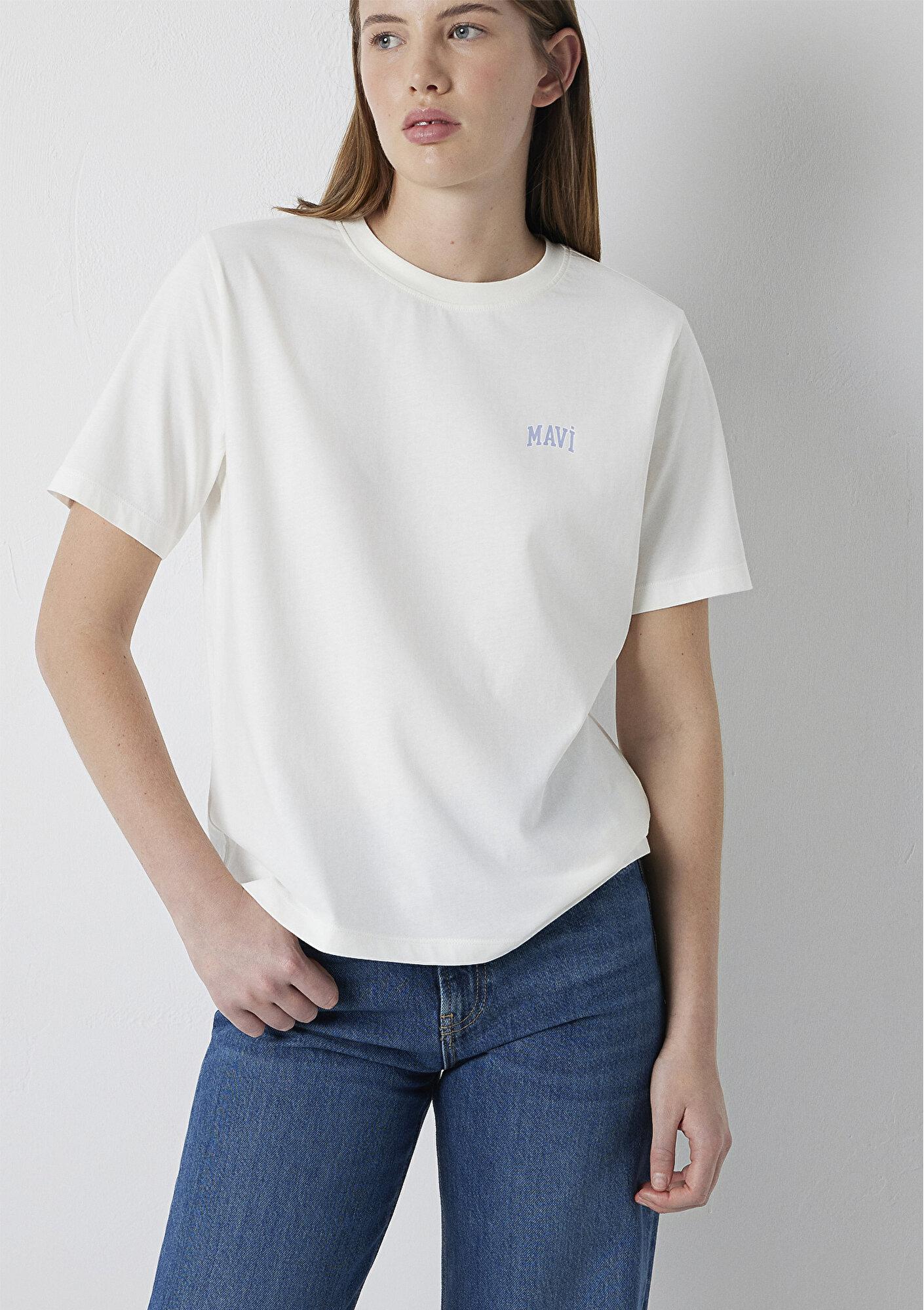 Mavi Mavi Logo Baskılı Ekru Tişört Regular Fit / Normal Kesim 1611900-80194