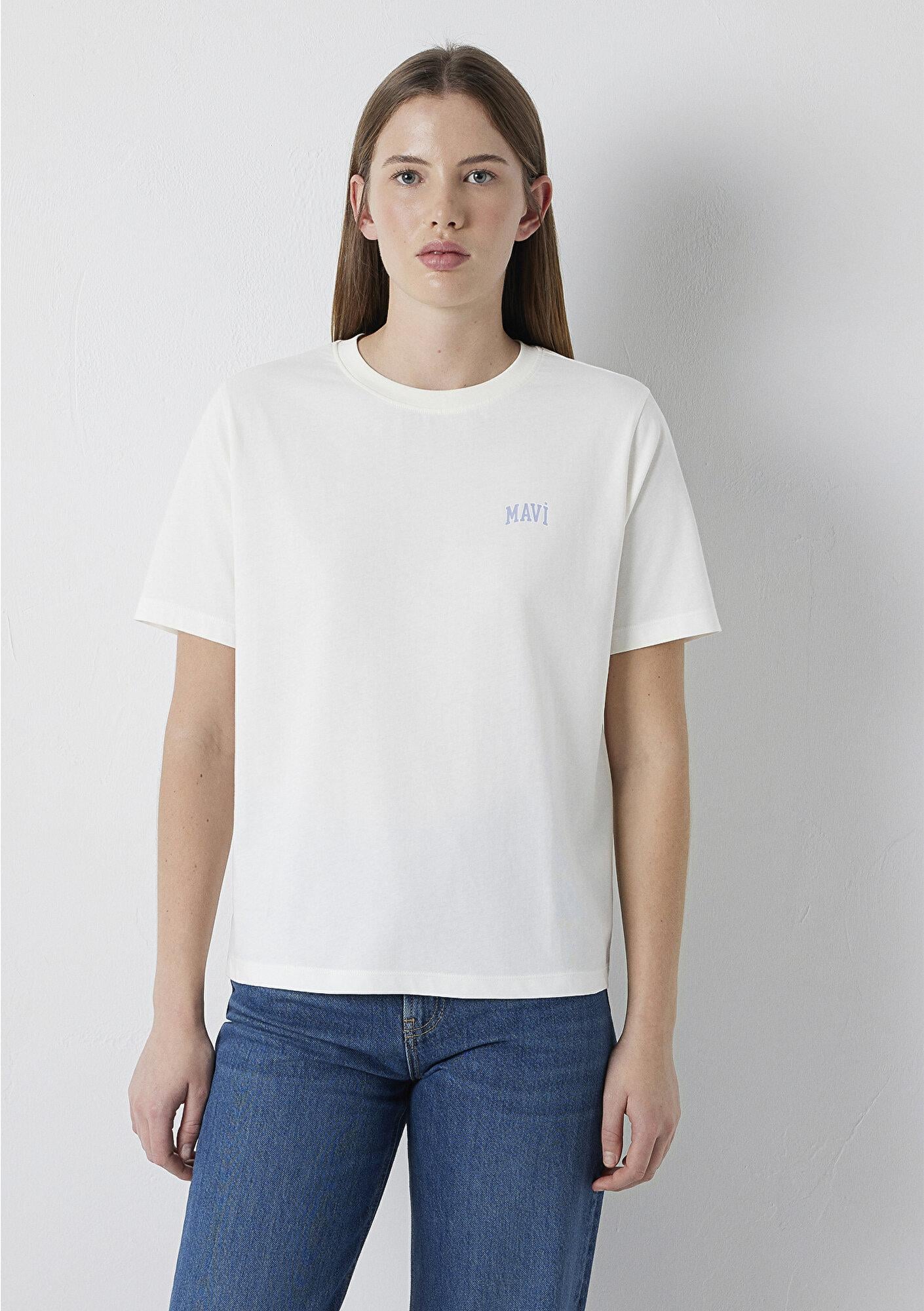 Mavi Mavi Logo Baskılı Ekru Tişört Regular Fit / Normal Kesim 1611900-80194