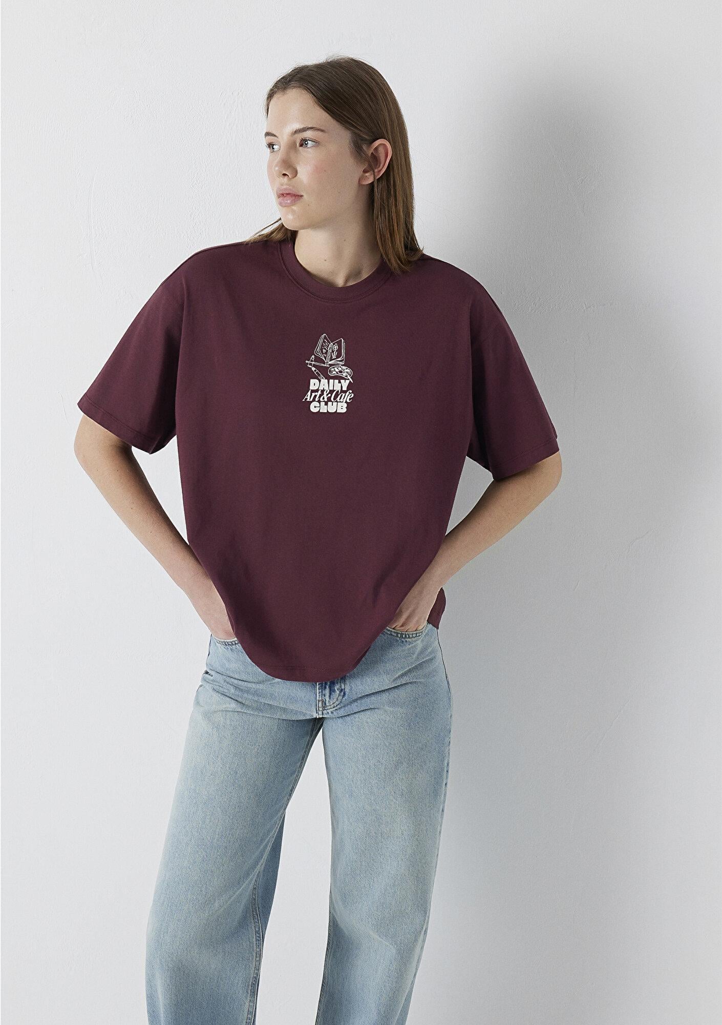 Mavi Slogan Baskılı Bordo Tişört Boxy Fit 1614166-70664