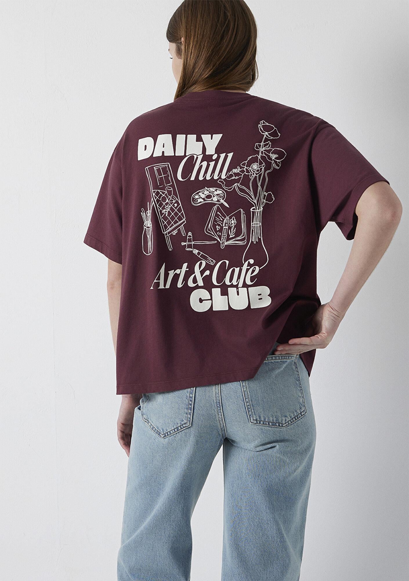 Mavi Slogan Baskılı Bordo Tişört Boxy Fit 1614166-70664