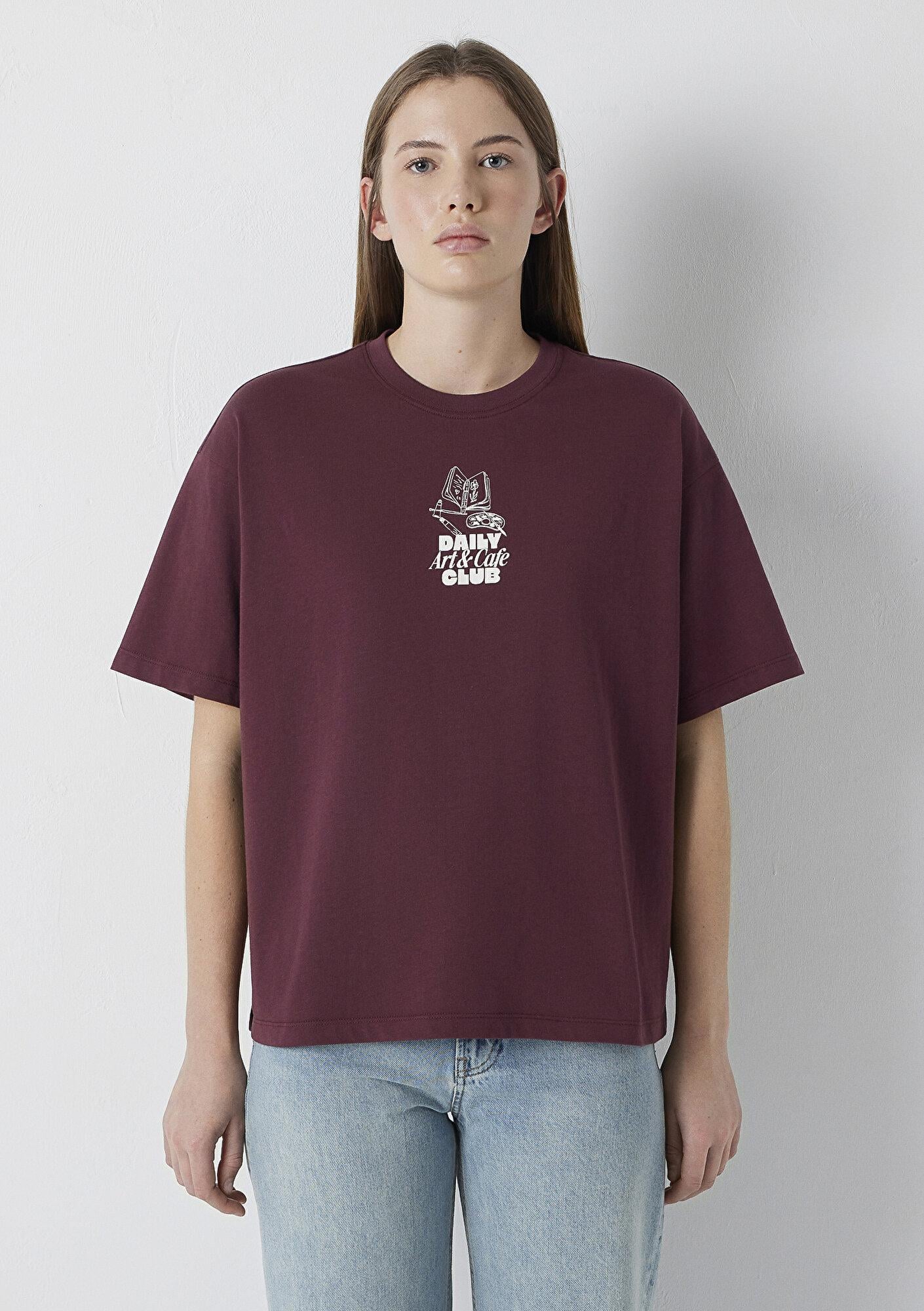 Mavi Slogan Baskılı Bordo Tişört Boxy Fit 1614166-70664