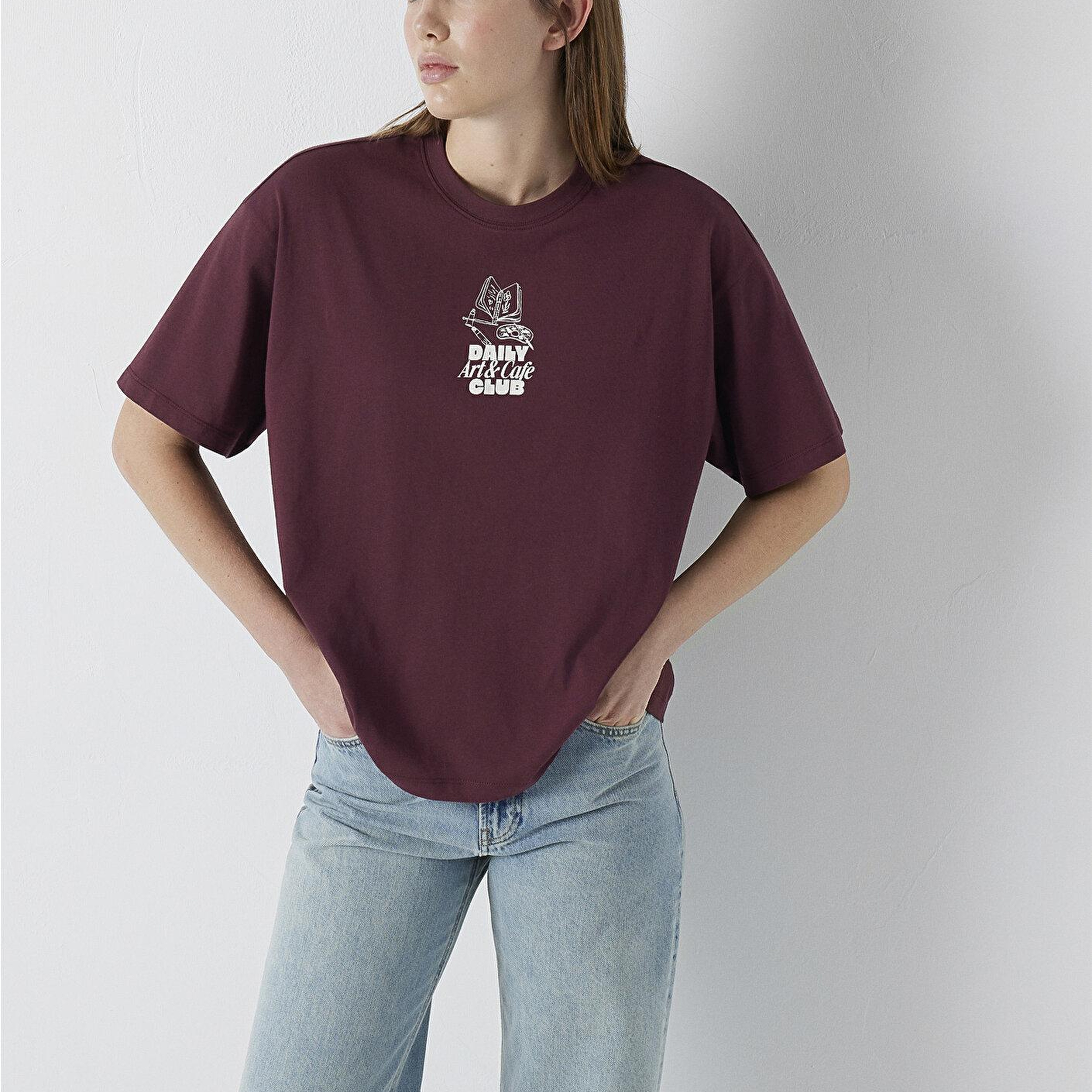 Mavi Slogan Baskılı Bordo Tişört Boxy Fit 1614166-70664