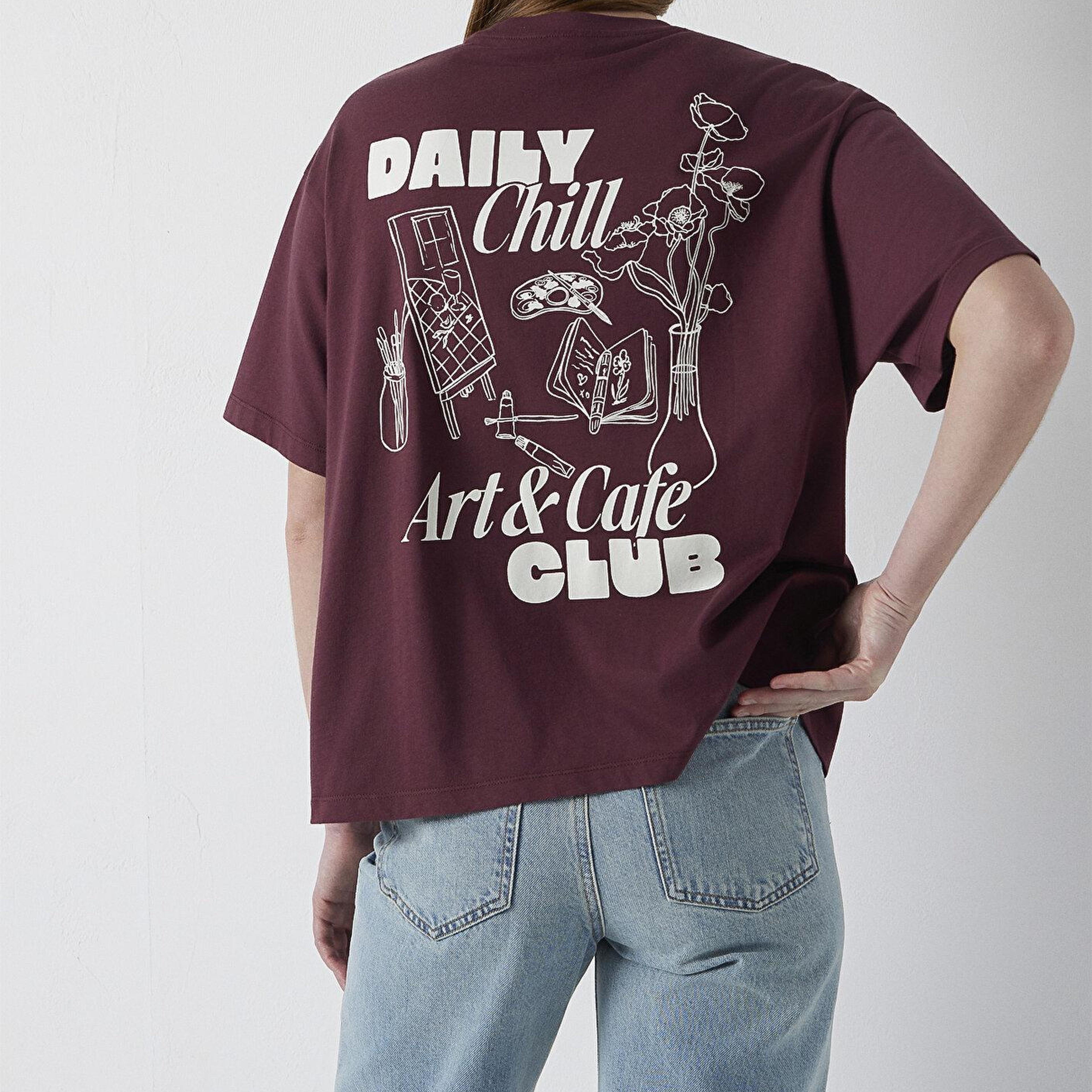 Mavi Slogan Baskılı Bordo Tişört Boxy Fit 1614166-70664