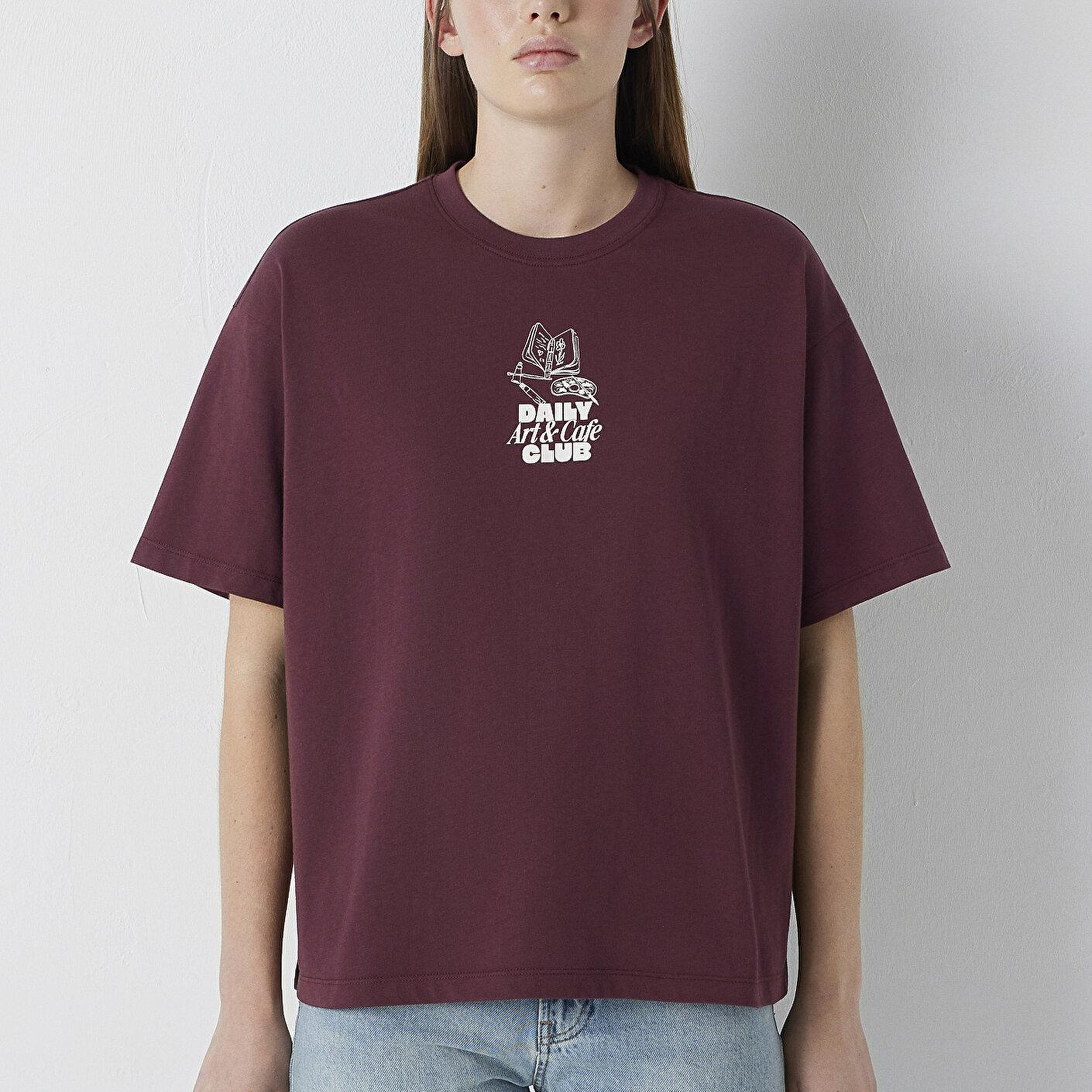 Mavi Slogan Baskılı Bordo Tişört Boxy Fit 1614166-70664