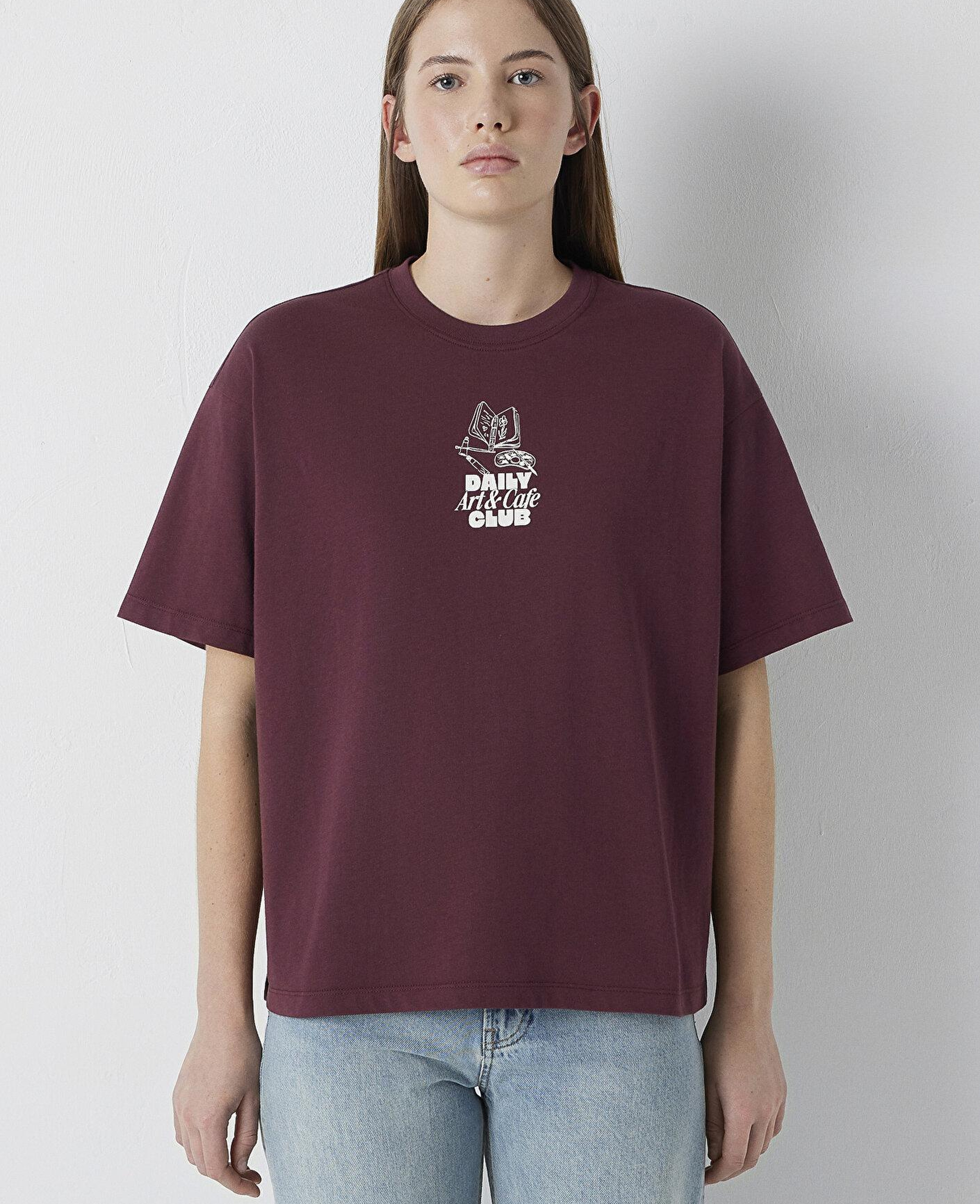 Mavi Slogan Baskılı Bordo Tişört Boxy Fit 1614166-70664
