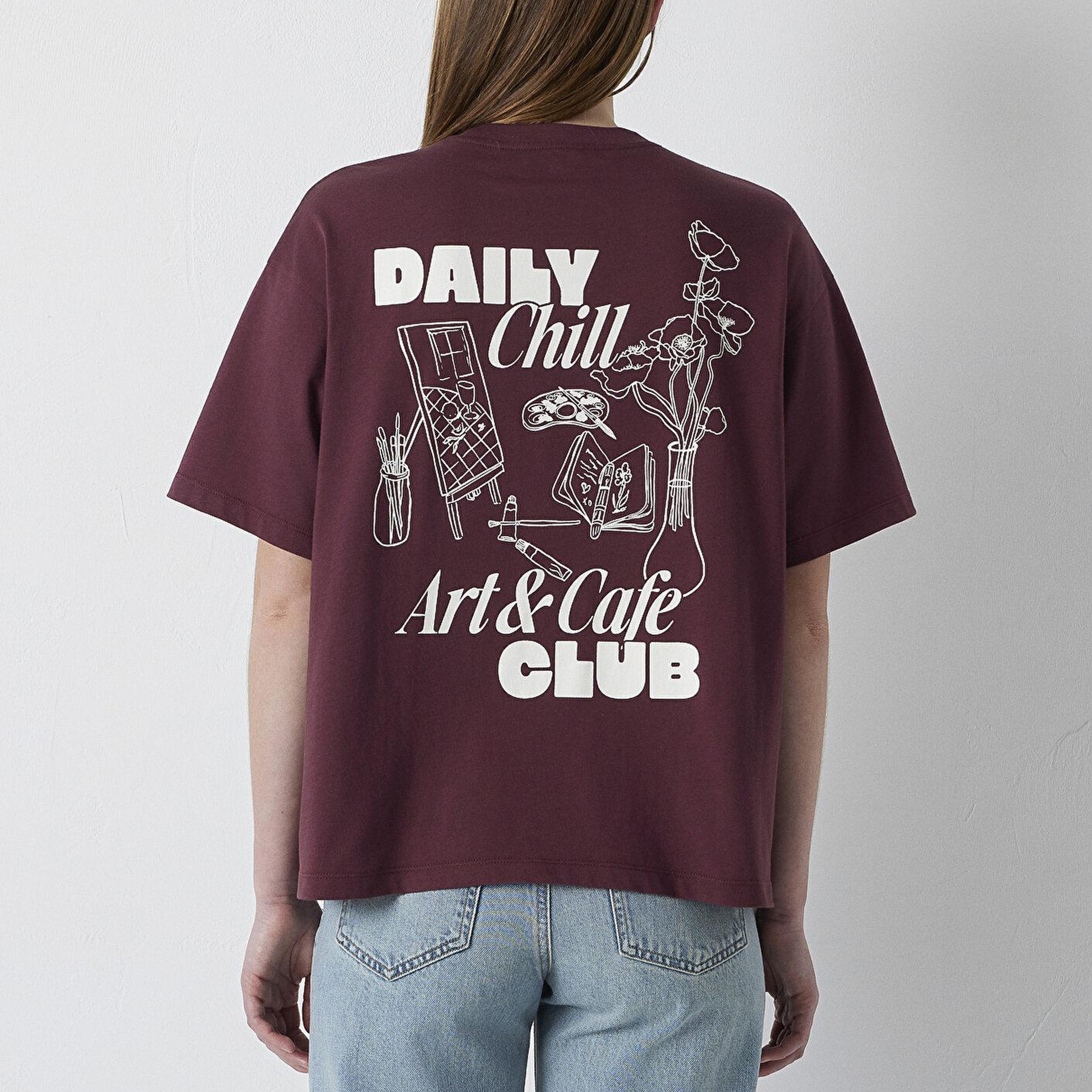 Mavi Slogan Baskılı Bordo Tişört Boxy Fit 1614166-70664