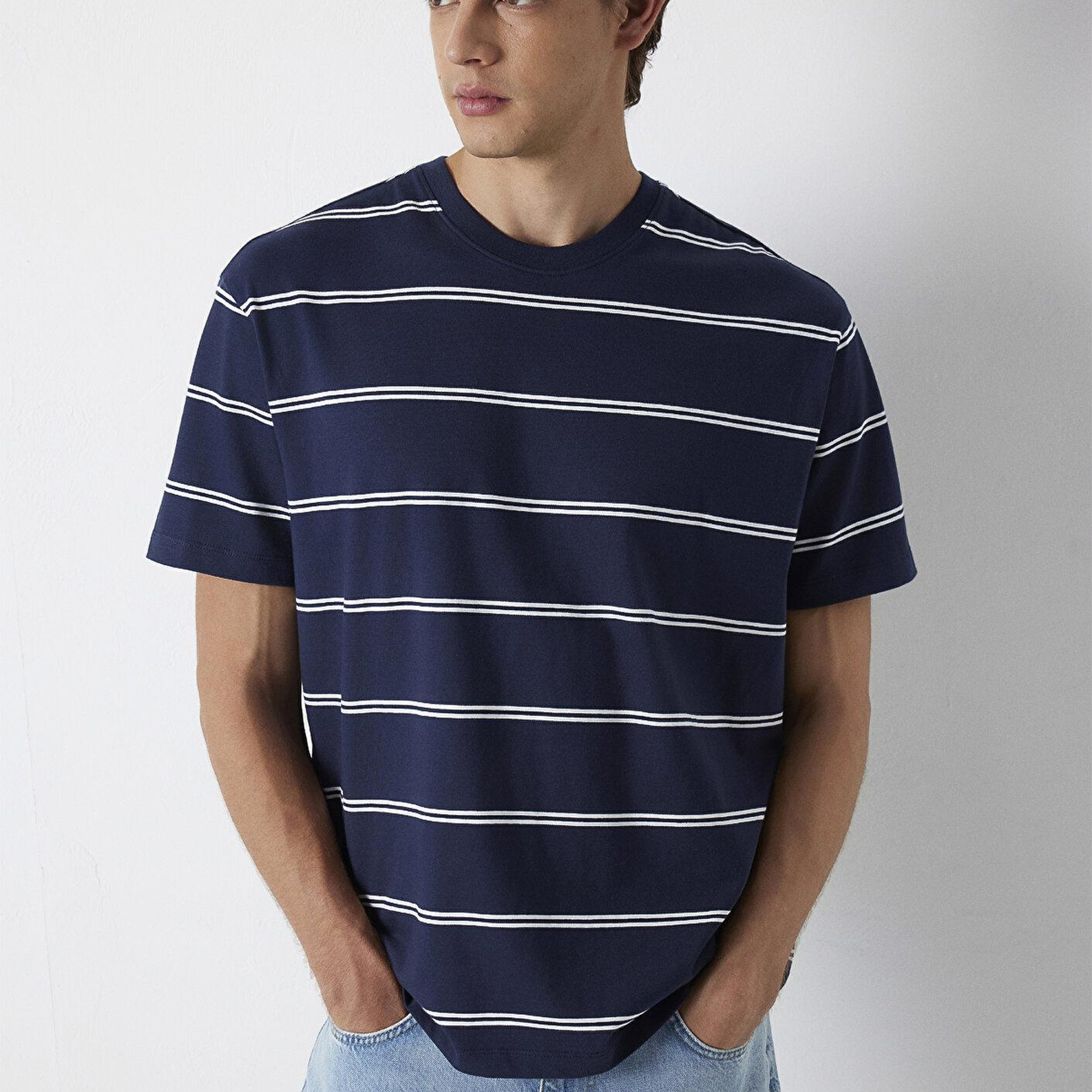 Mavi Çizgili Tişört Loose Fit / Bol Rahat Kesim 0613500-70490