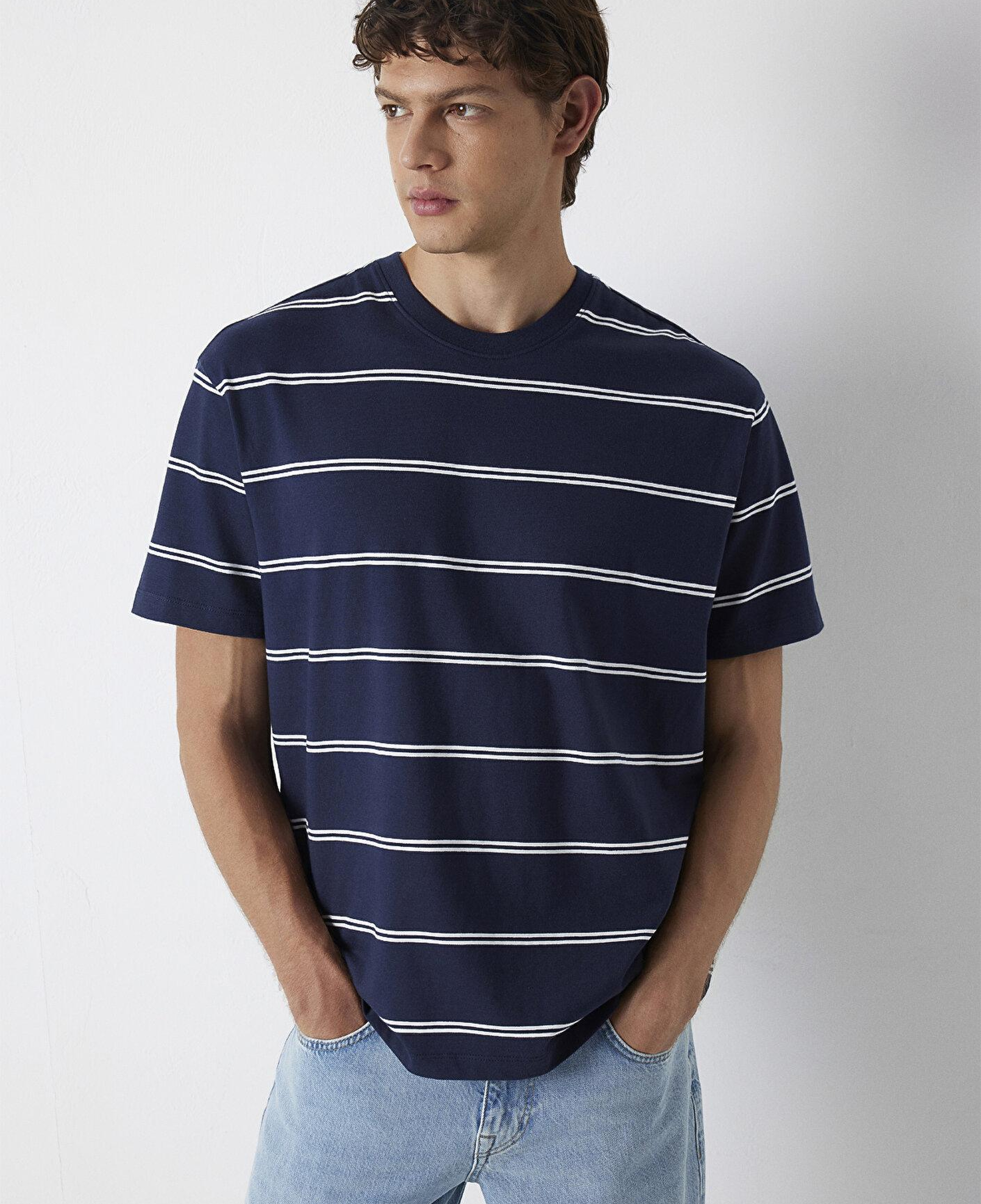 Mavi Çizgili Tişört Loose Fit / Bol Rahat Kesim 0613500-70490