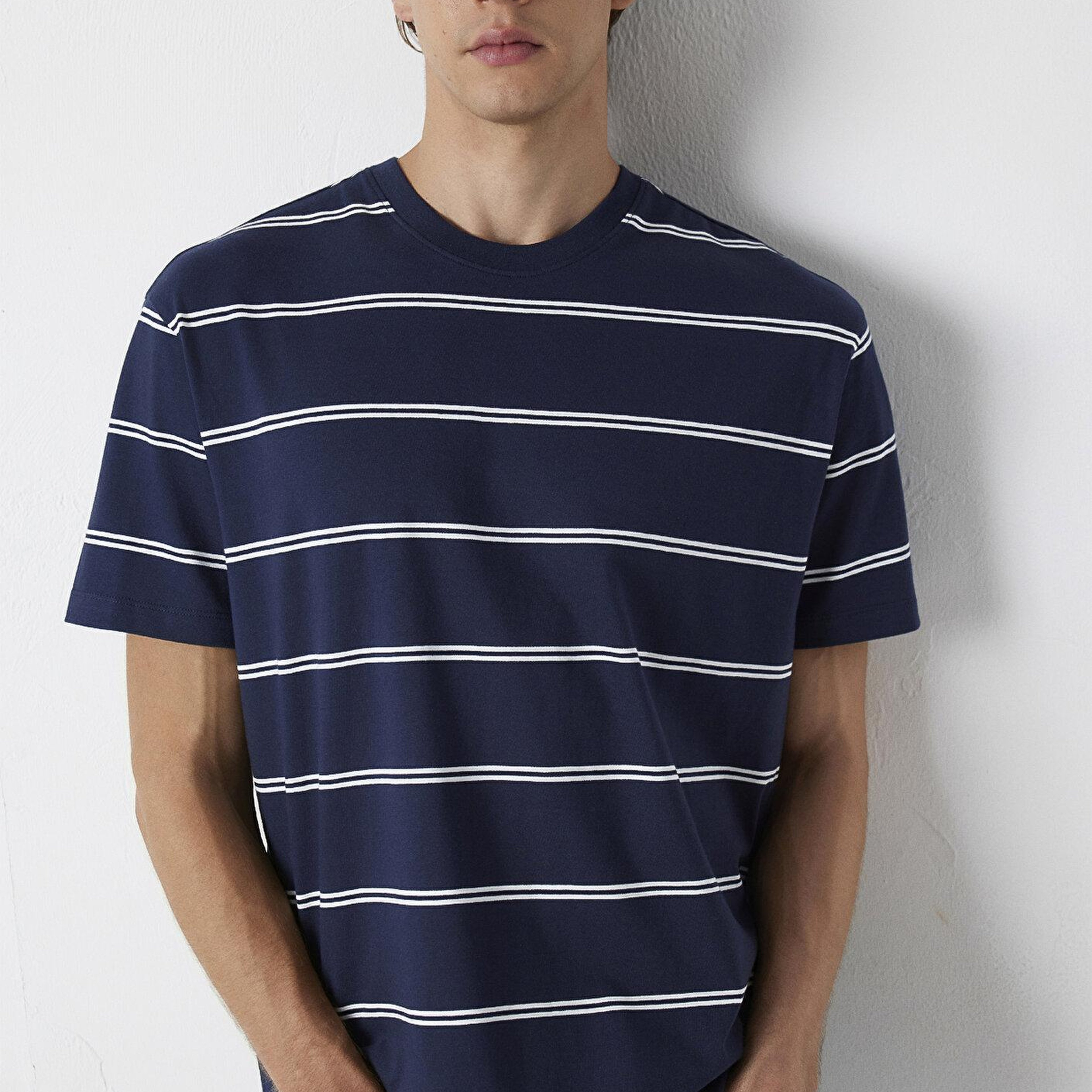 Mavi Çizgili Tişört Loose Fit / Bol Rahat Kesim 0613500-70490