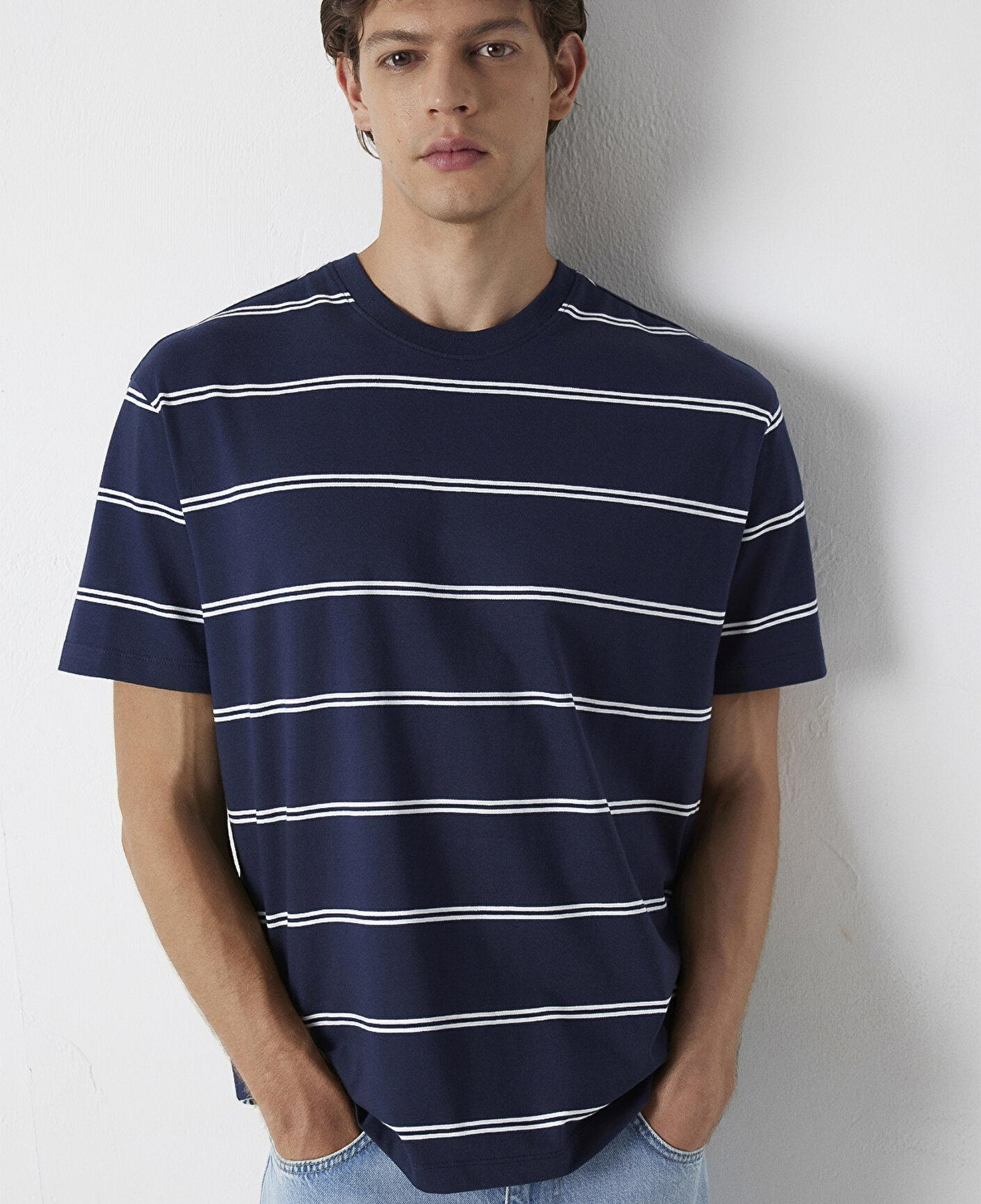 Mavi Çizgili Tişört Loose Fit / Bol Rahat Kesim 0613500-70490