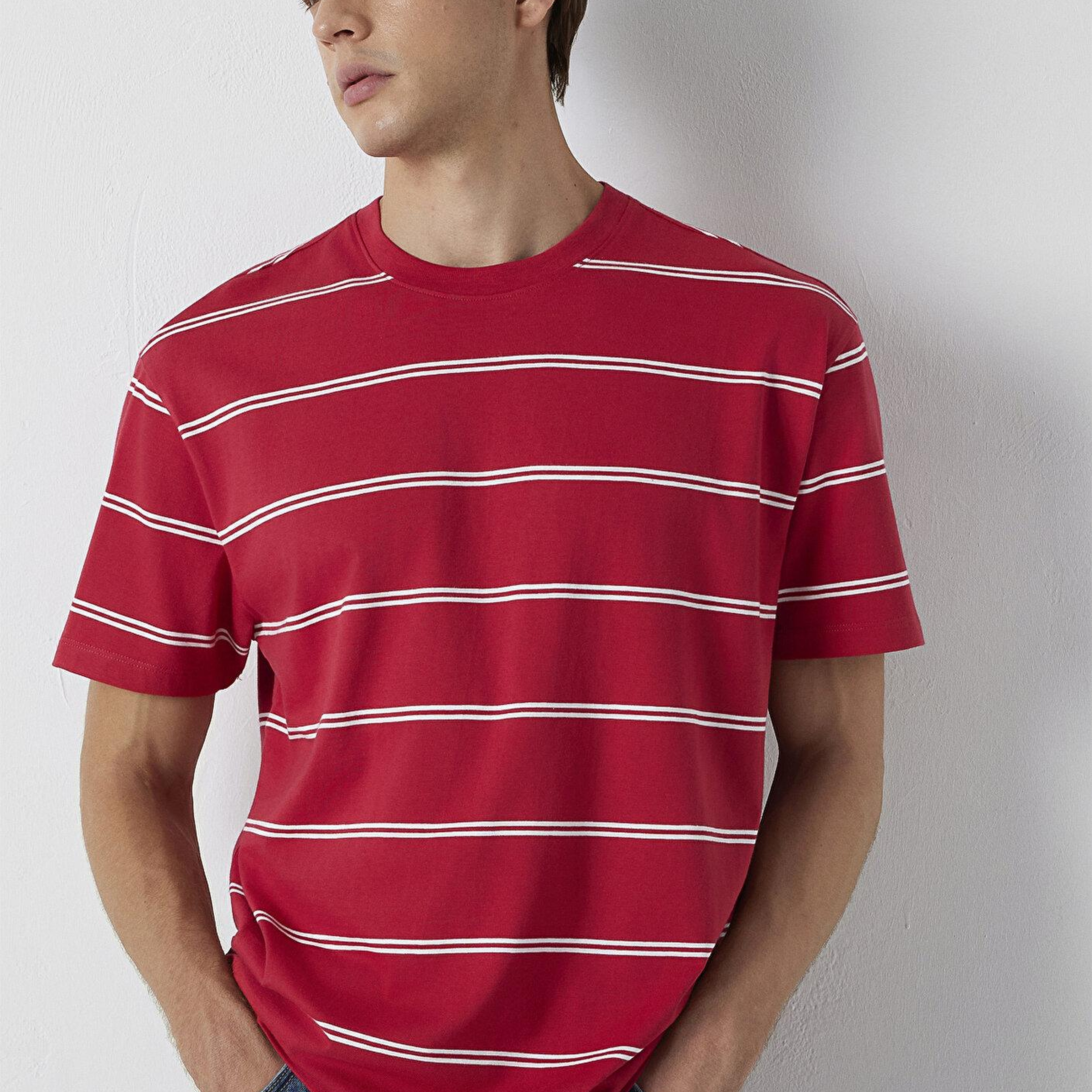 Mavi Çizgili Tişört Loose Fit / Bol Rahat Kesim 0613500-90367