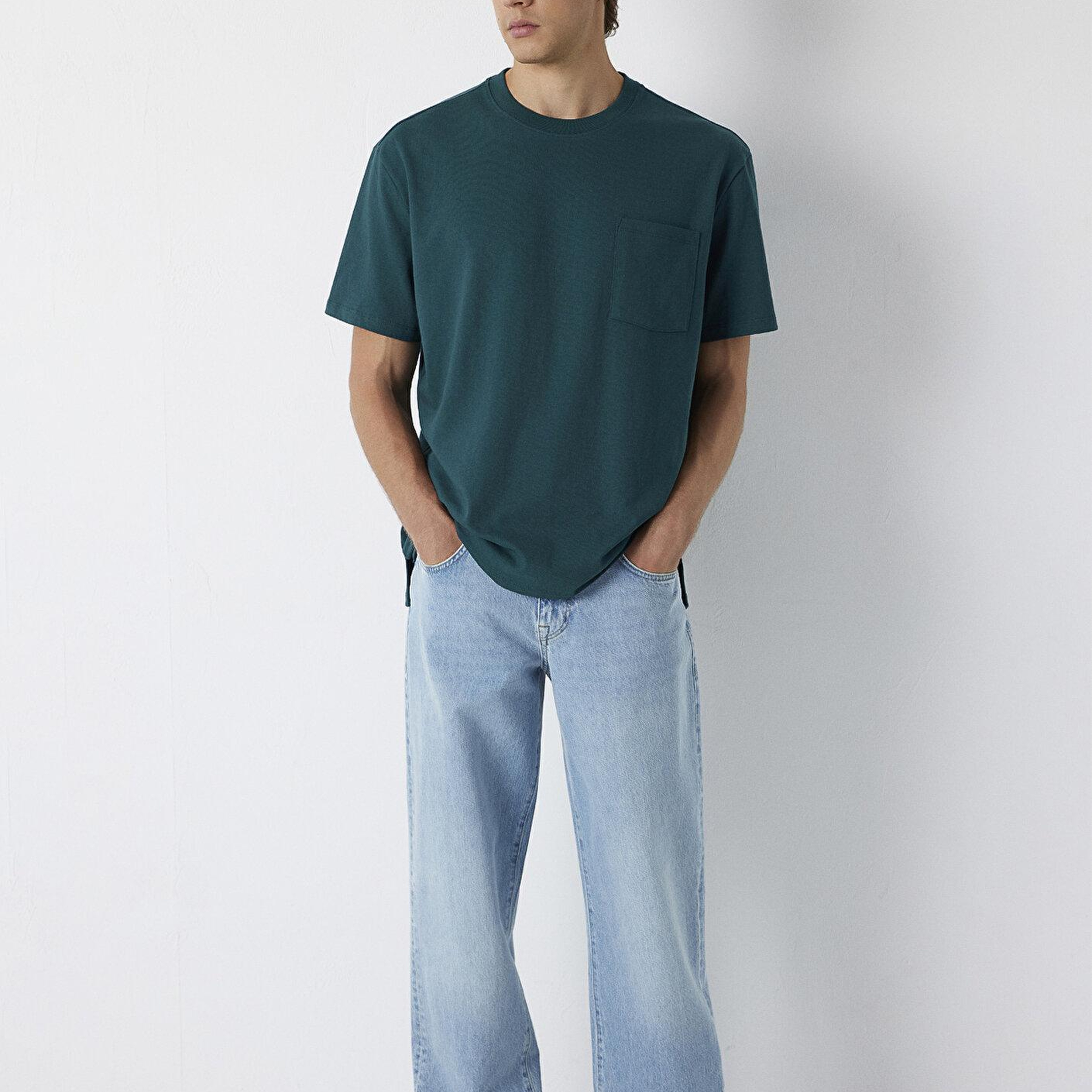 Mavi Yeşil Basic Tişört Loose Fit / Bol Rahat Kesim 066248-90366