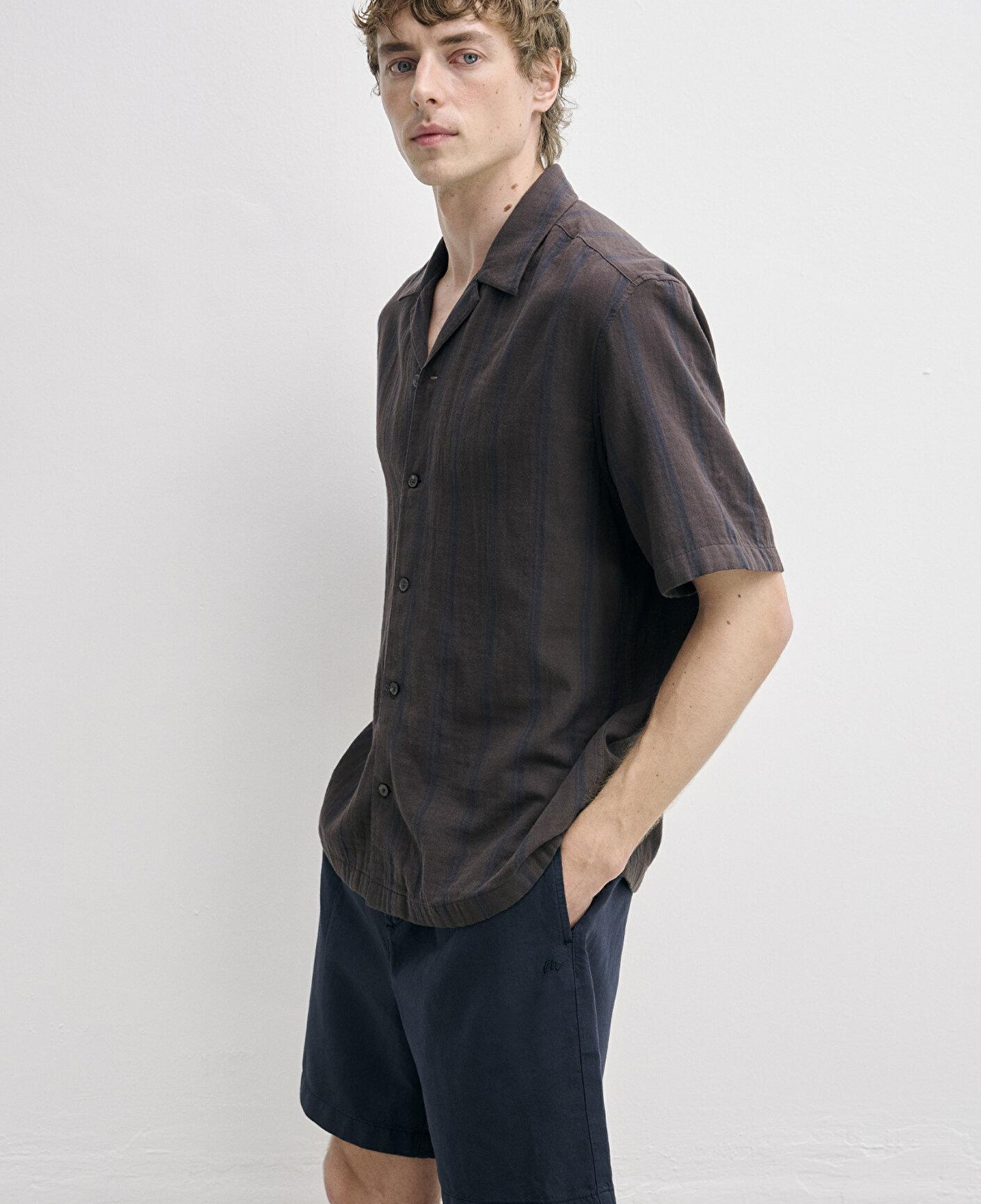 Mavi Çizgili Kısa Kollu Kahverengi Gömlek Loose Fit / Bol Rahat Kesim 0212147-91768