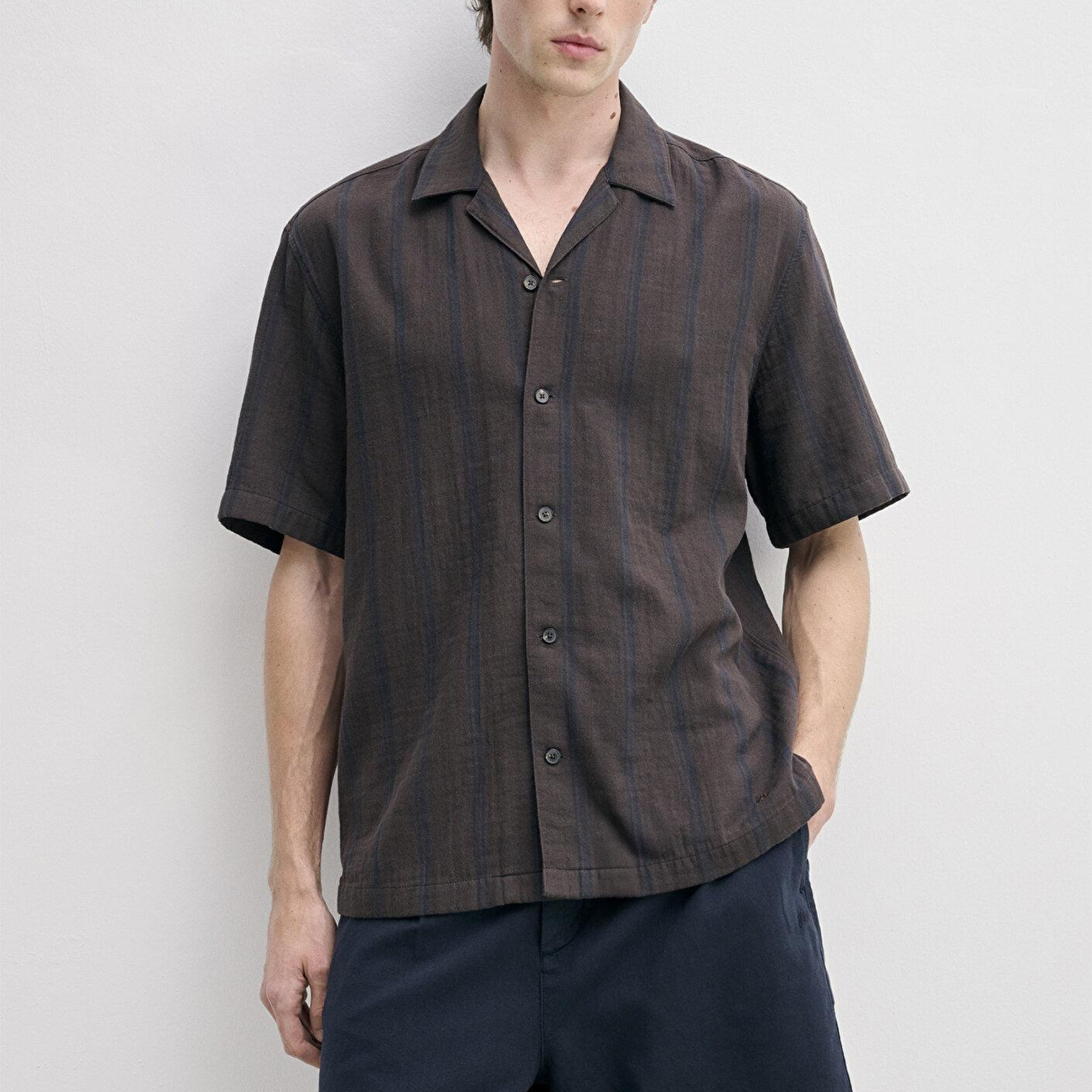 Mavi Çizgili Kısa Kollu Kahverengi Gömlek Loose Fit / Bol Rahat Kesim 0212147-91768