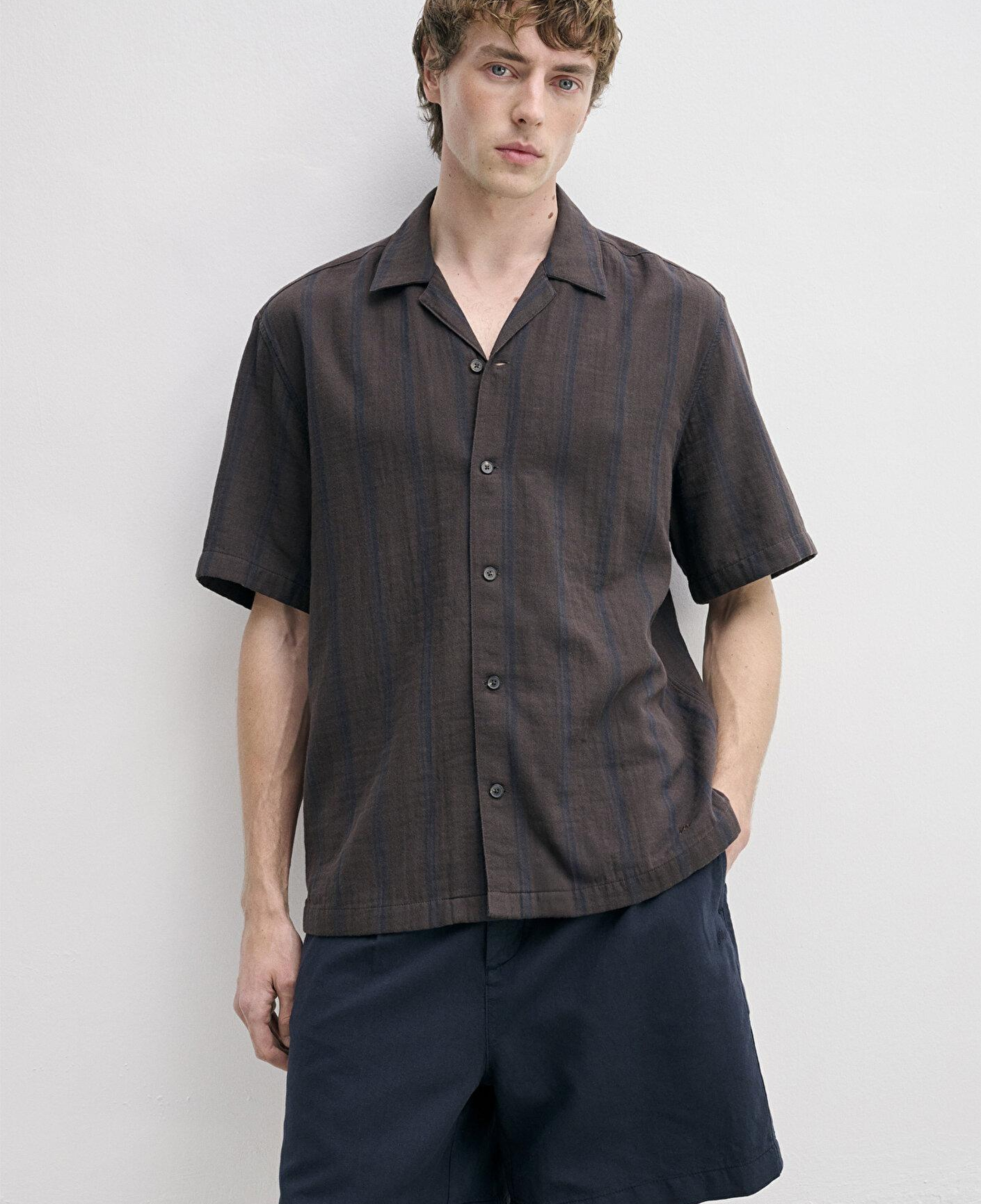 Mavi Çizgili Kısa Kollu Kahverengi Gömlek Loose Fit / Bol Rahat Kesim 0212147-91768