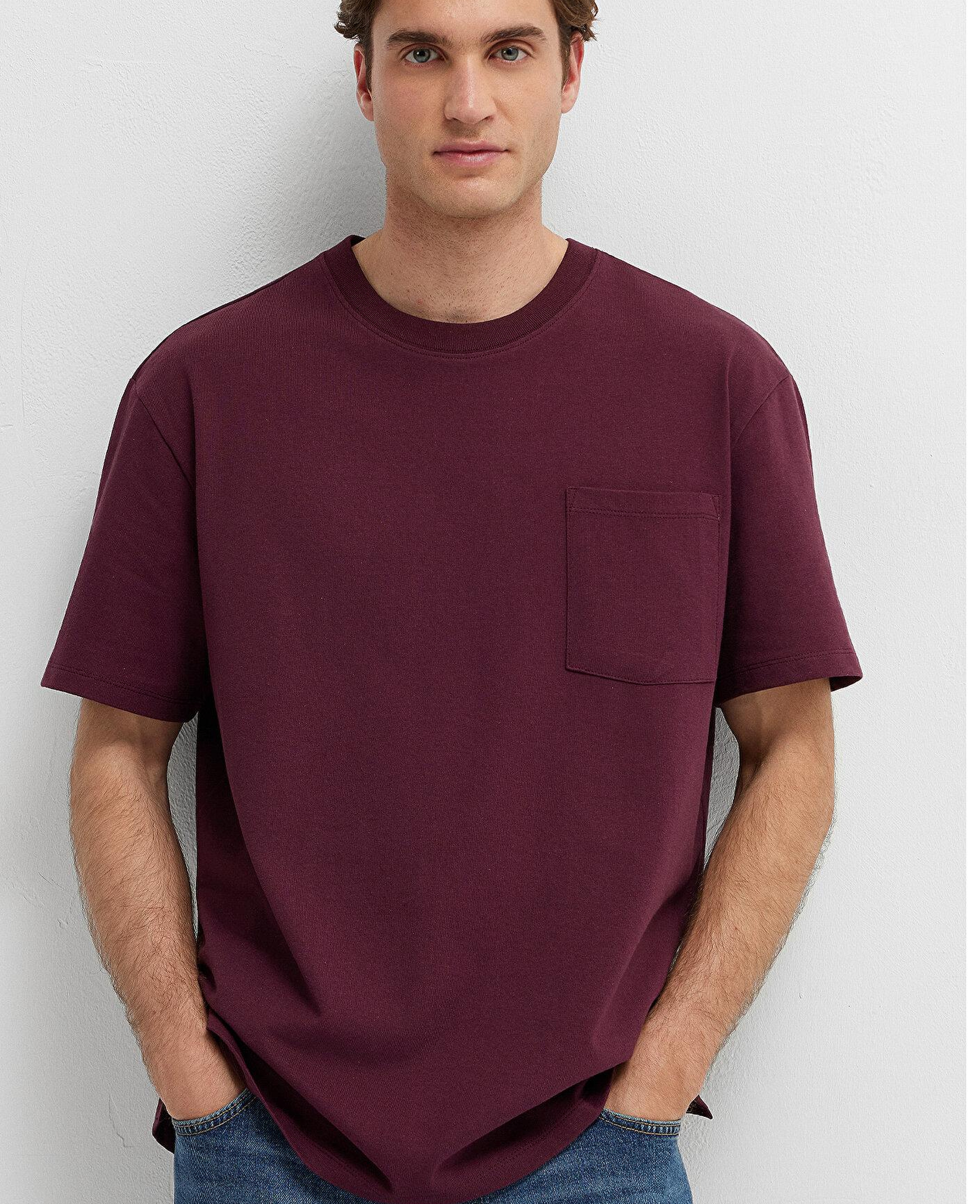 Mavi Bordo Basic Tişört Loose Fit / Bol Rahat Kesim 066248-70434