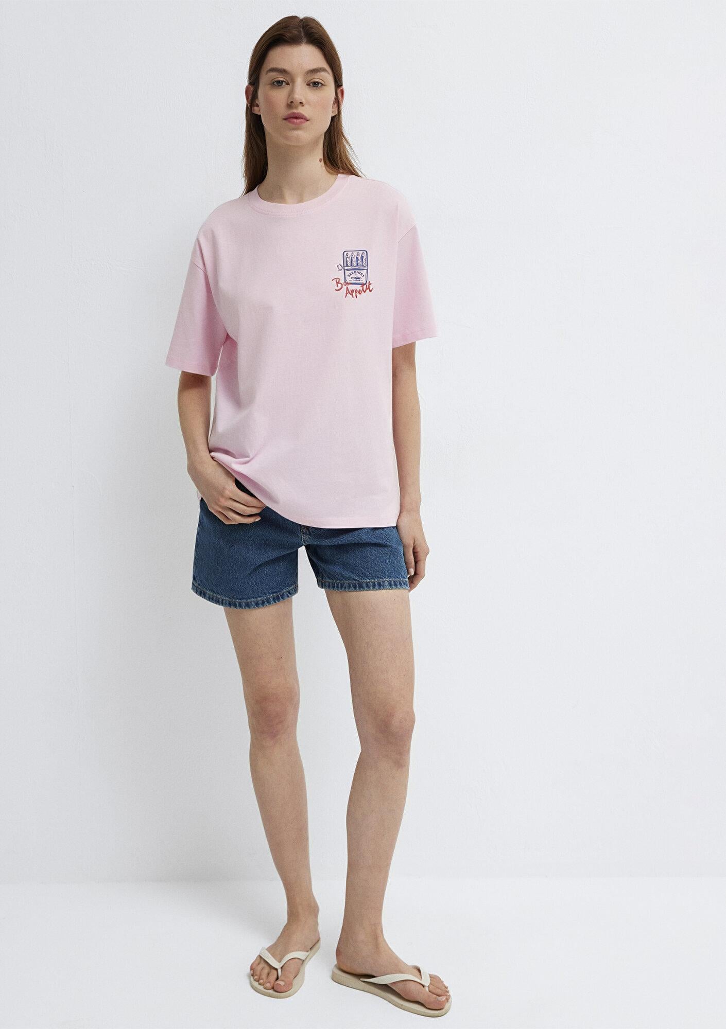 Mavi Baskılı Pembe Tişört Loose Fit / Bol Rahat Kesim 1613926-89200