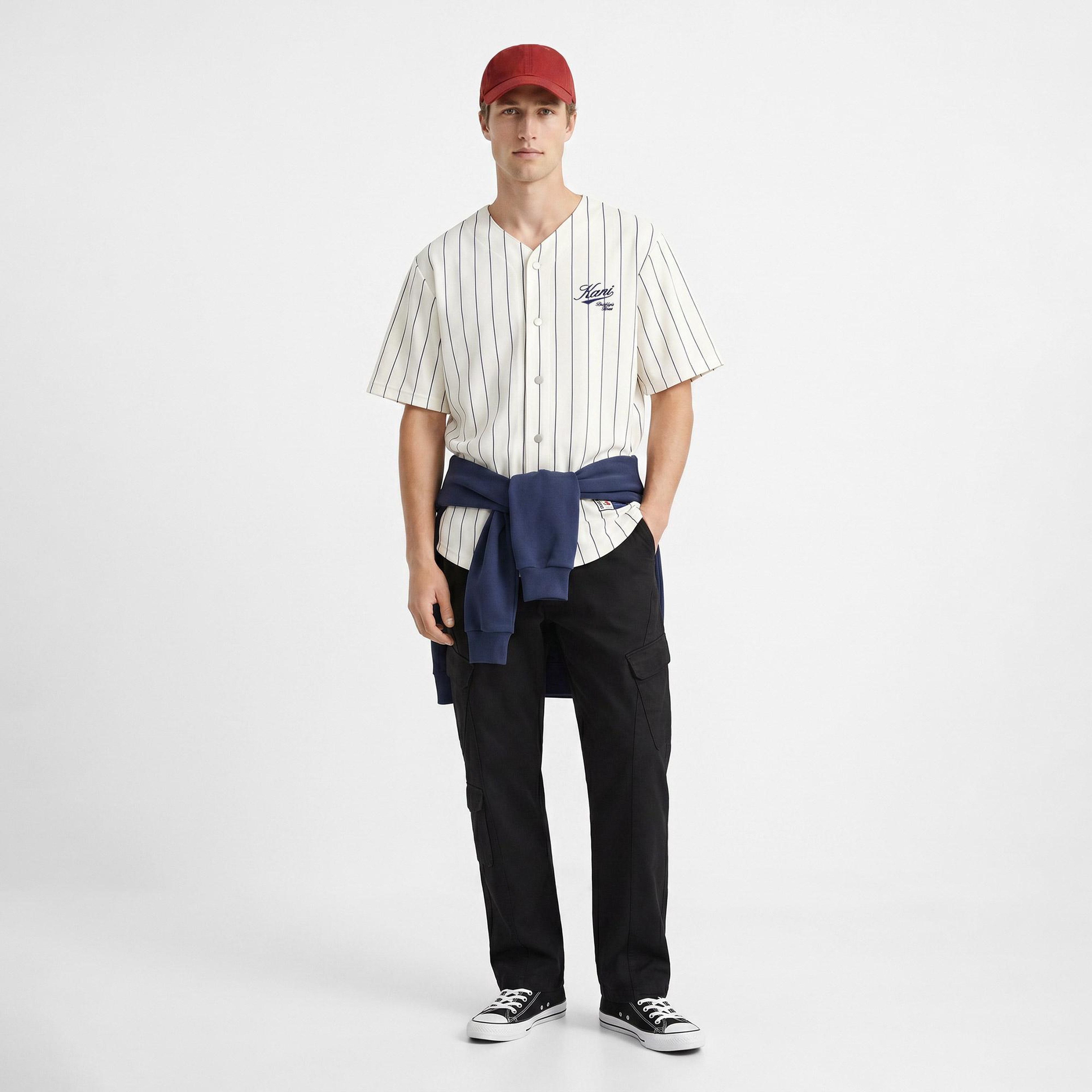 Karl Kani Cursive Varsity Pinstripe Cropped Baseball Erkek Beyaz Gömlek