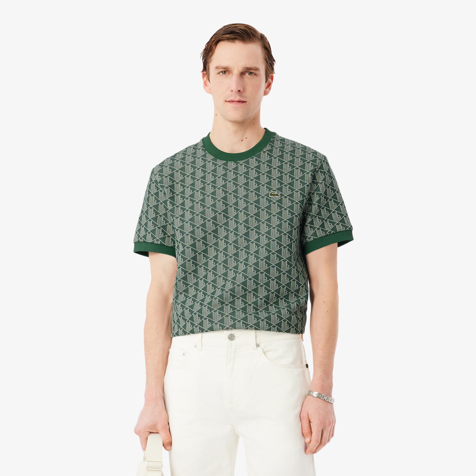 Erkek Classic Fit Bisiklet Yaka Monogram Koyu Yeşil T-Shirt