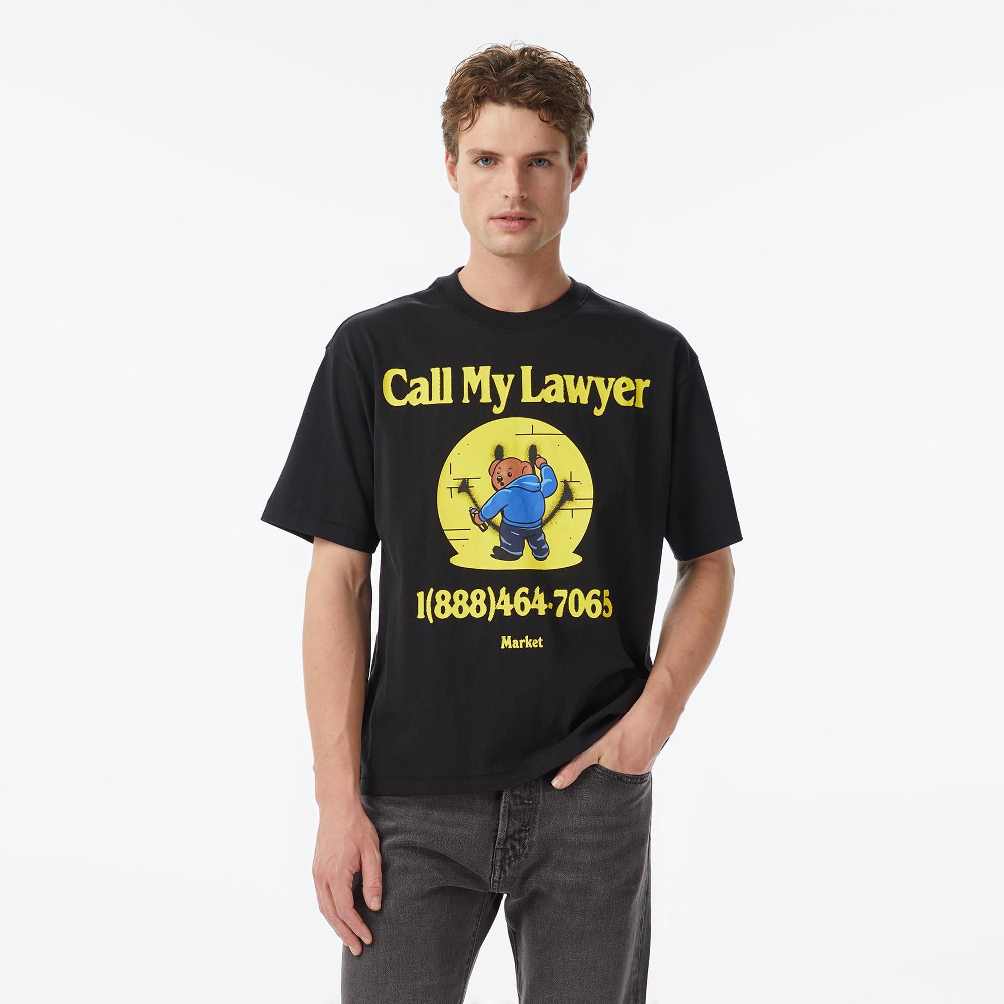 Market Smiley Call My Lawyer Bear Erkek Siyah T-Shirt