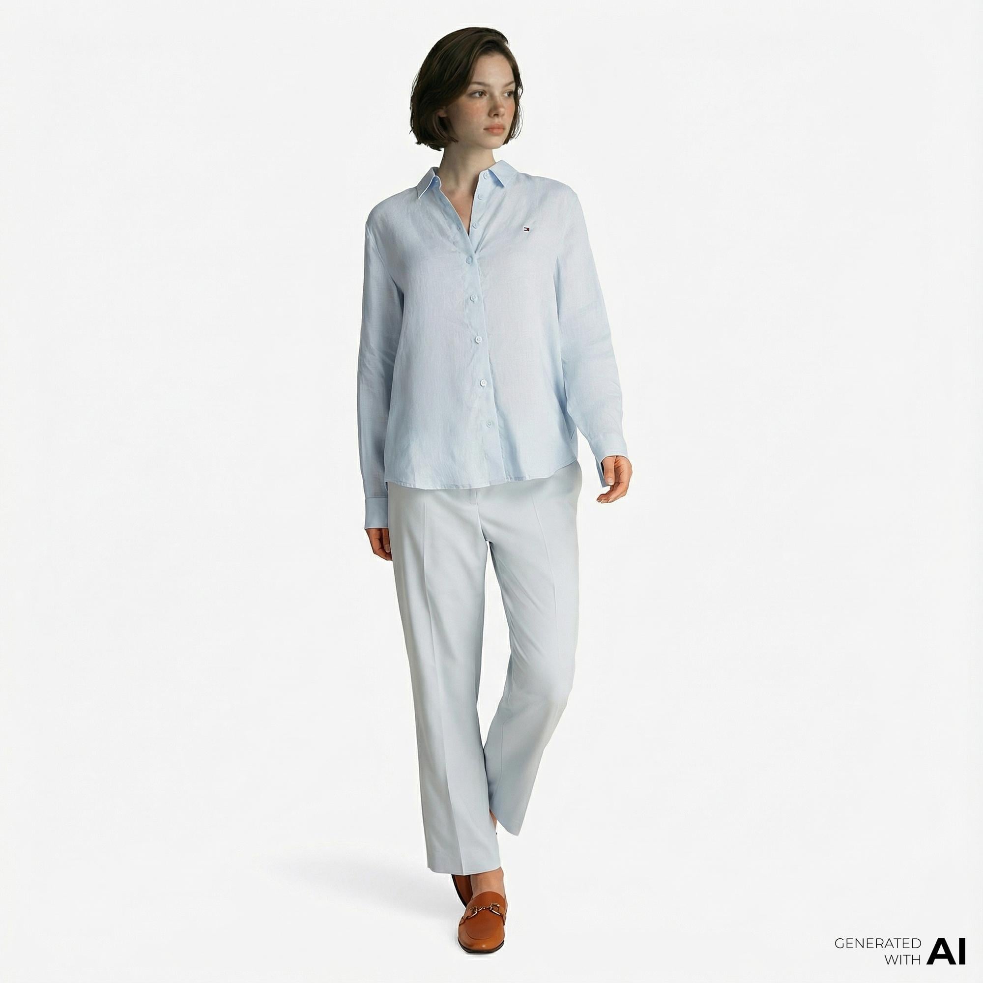Tommy Hilfiger Linen Relaxed Kadın Keten Mavi Gömlek