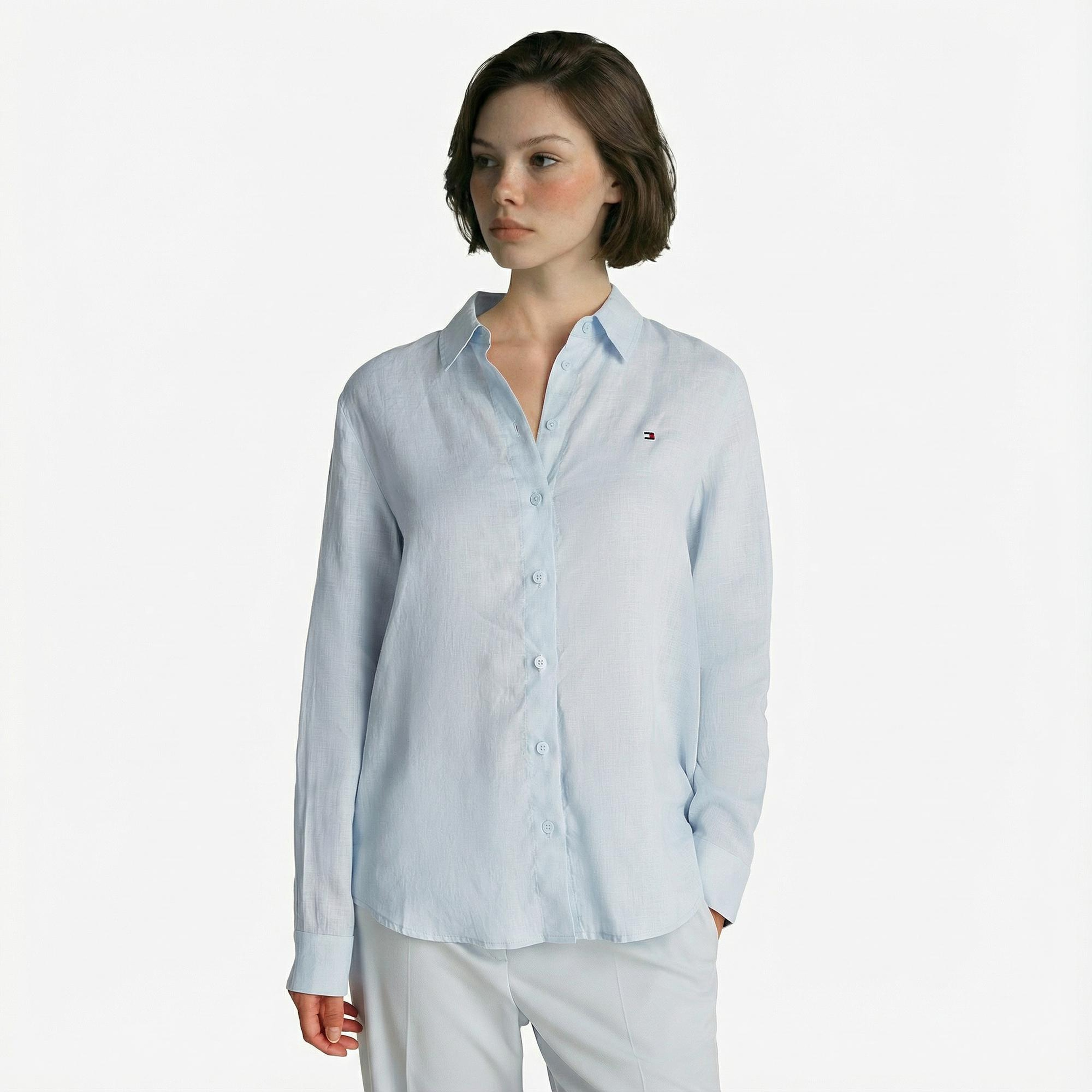 Tommy Hilfiger Linen Relaxed Kadın Keten Mavi Gömlek
