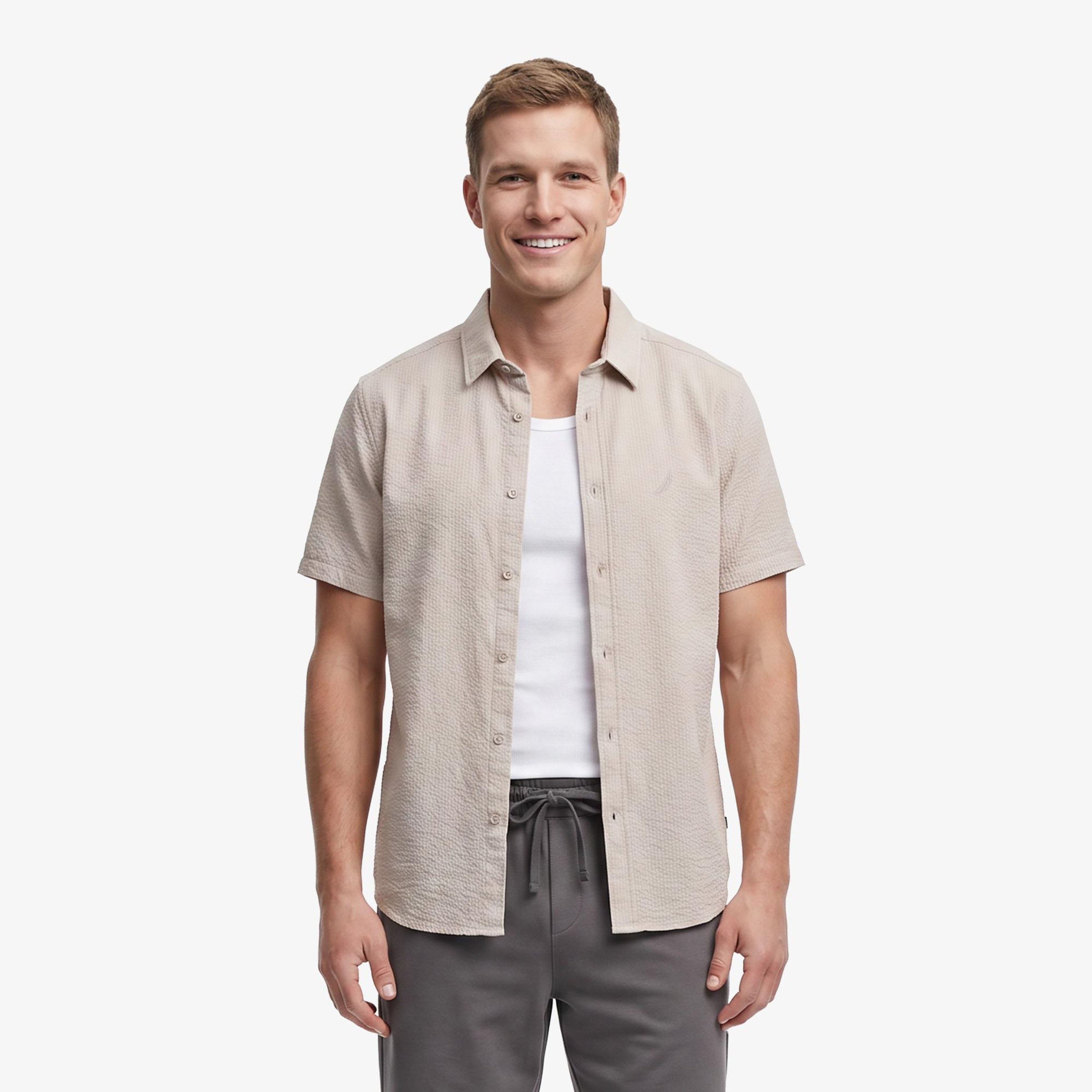 Nautica Erkek Bej Regular Fit Kısa Kollu Gömlek