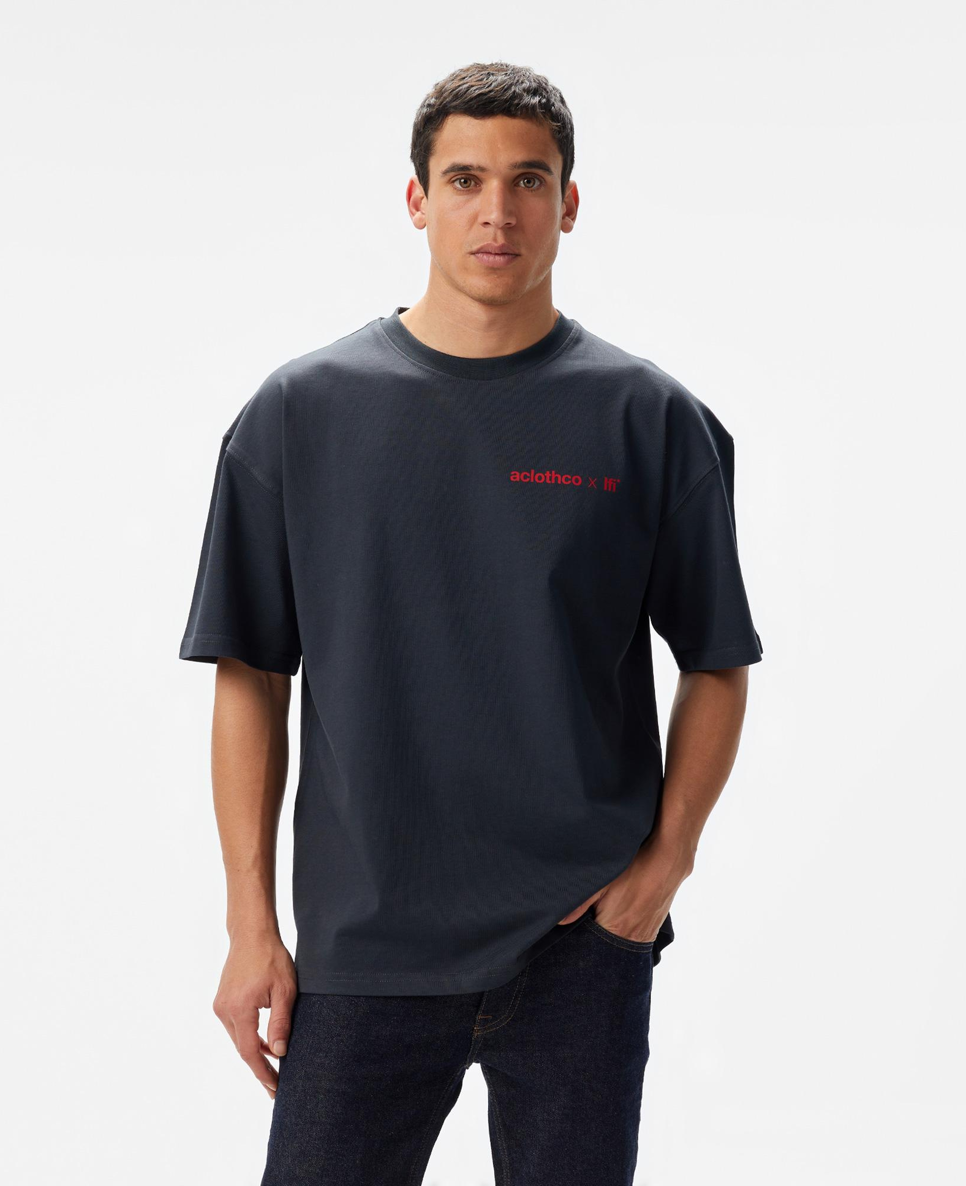 Aclothco X LFI Oversized Crew Neck Graphic Printed Unisex Gri T-Shirt