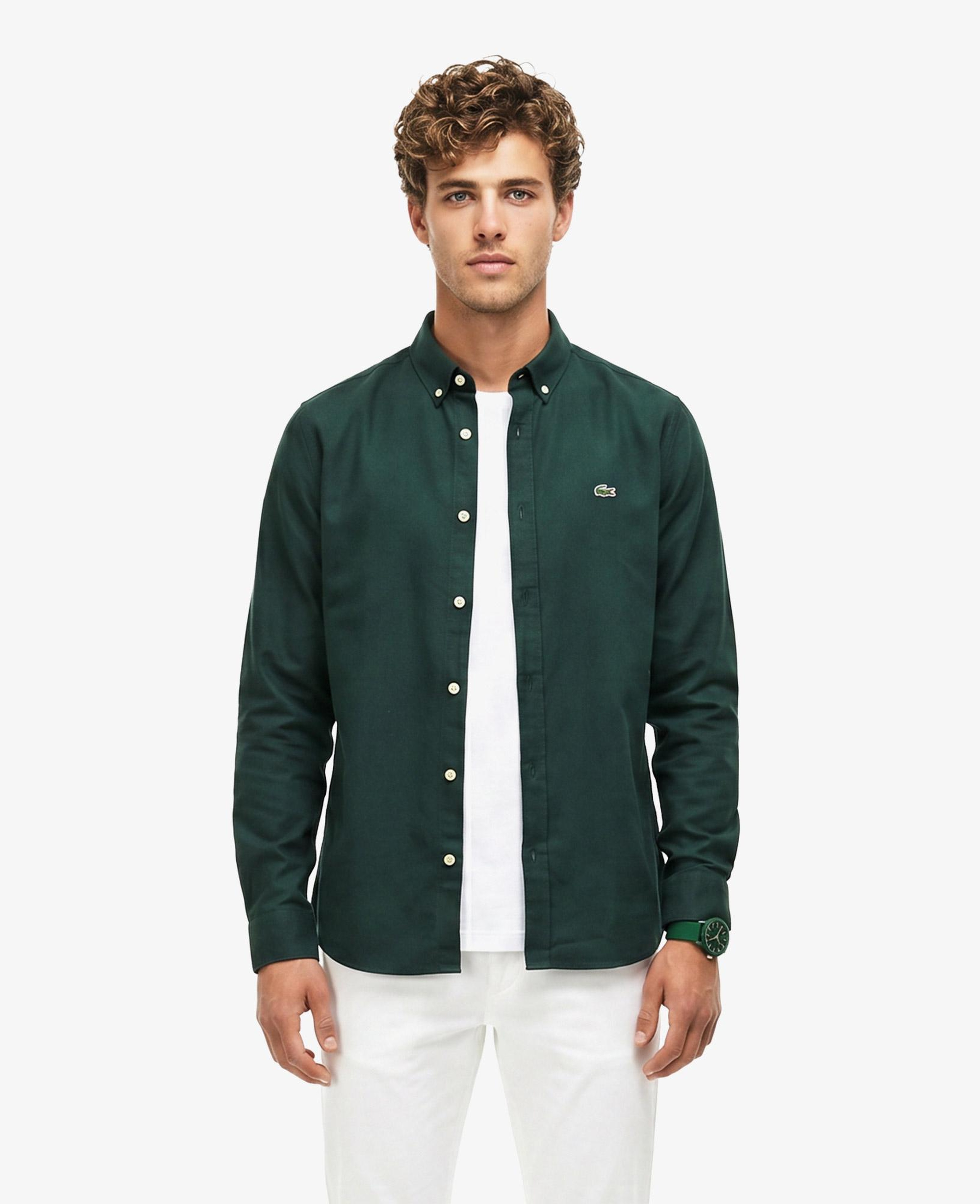 Erkek Slim Fit Düğmeli Yaka Koyu Yeşil Gömlek