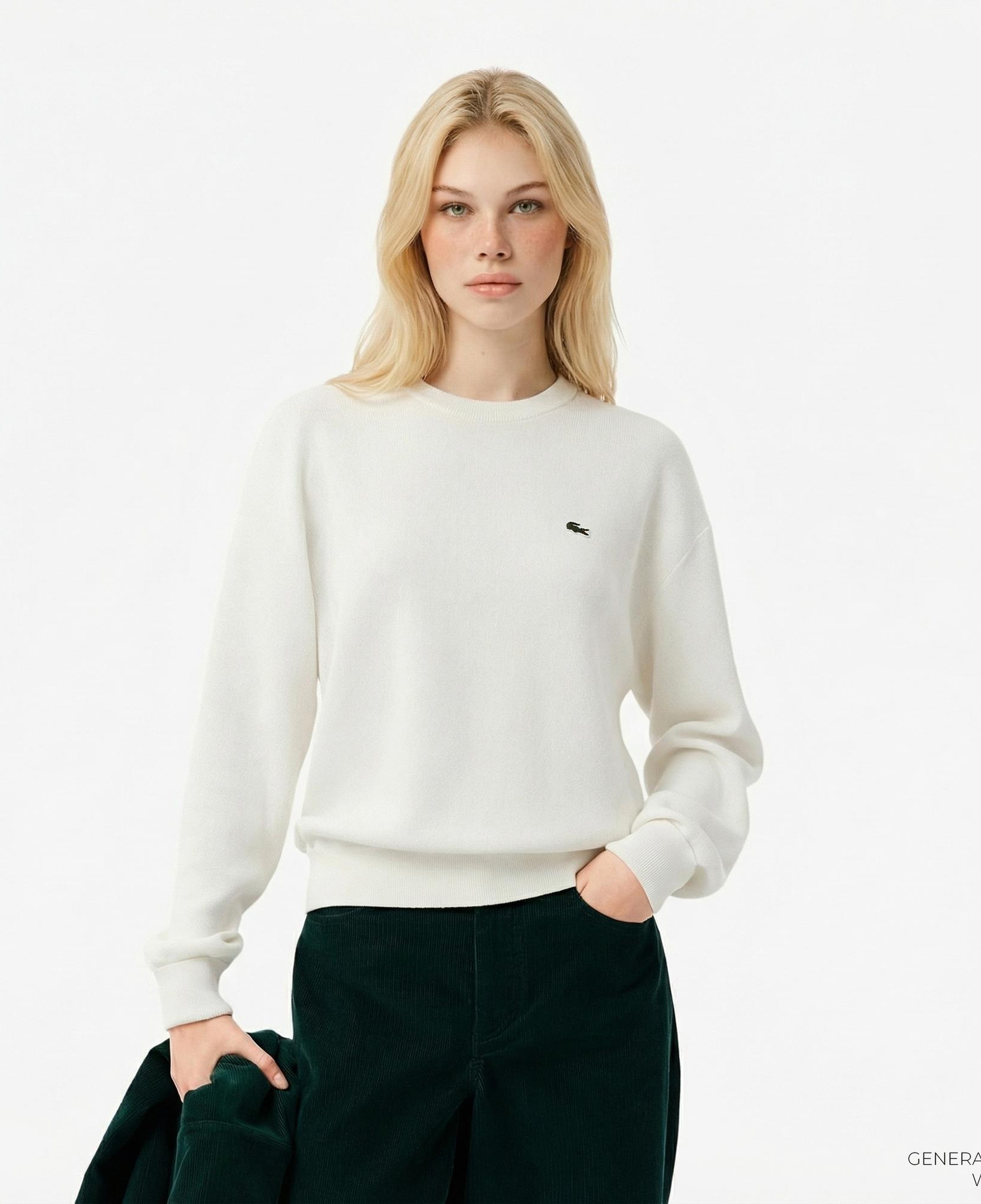 Lacoste Kadın Relaxed Fit Bisiklet Yaka Beyaz Kazak