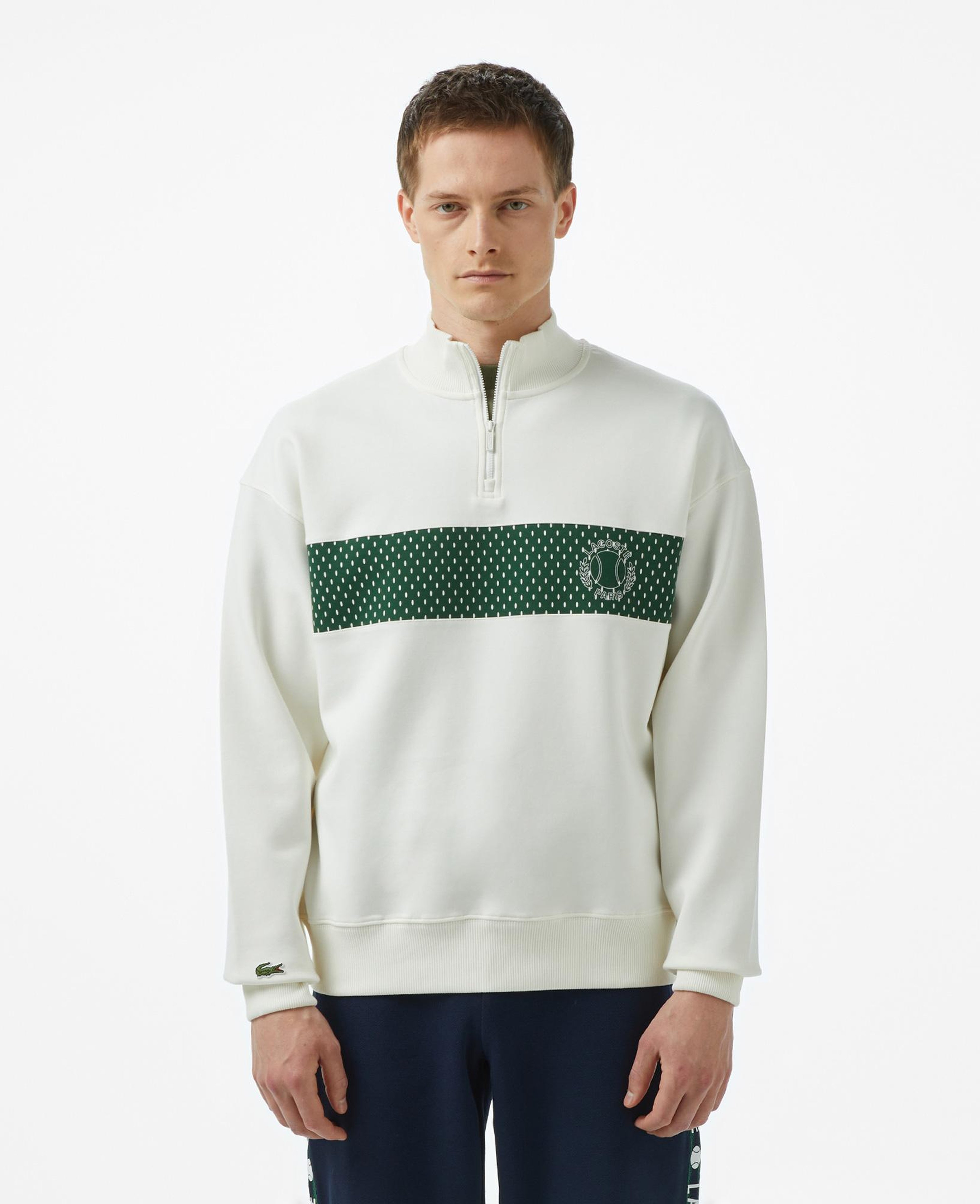 Erkek Loose Fit Yarım Fermuarlı Baskılı Beyaz Sweatshirt