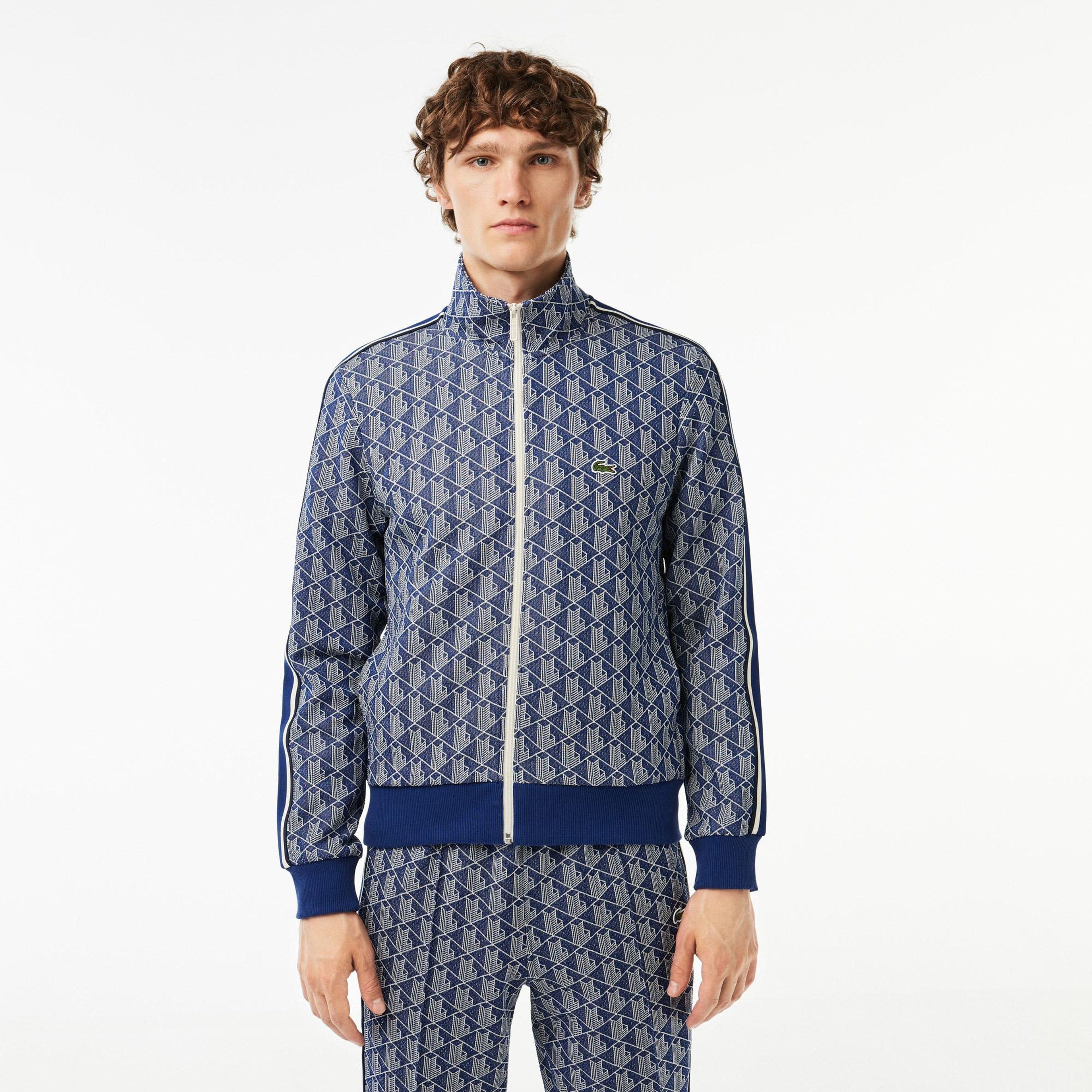 Erkek Regular Fit Fermuarlı Monogram Lacivert Sweatshirt