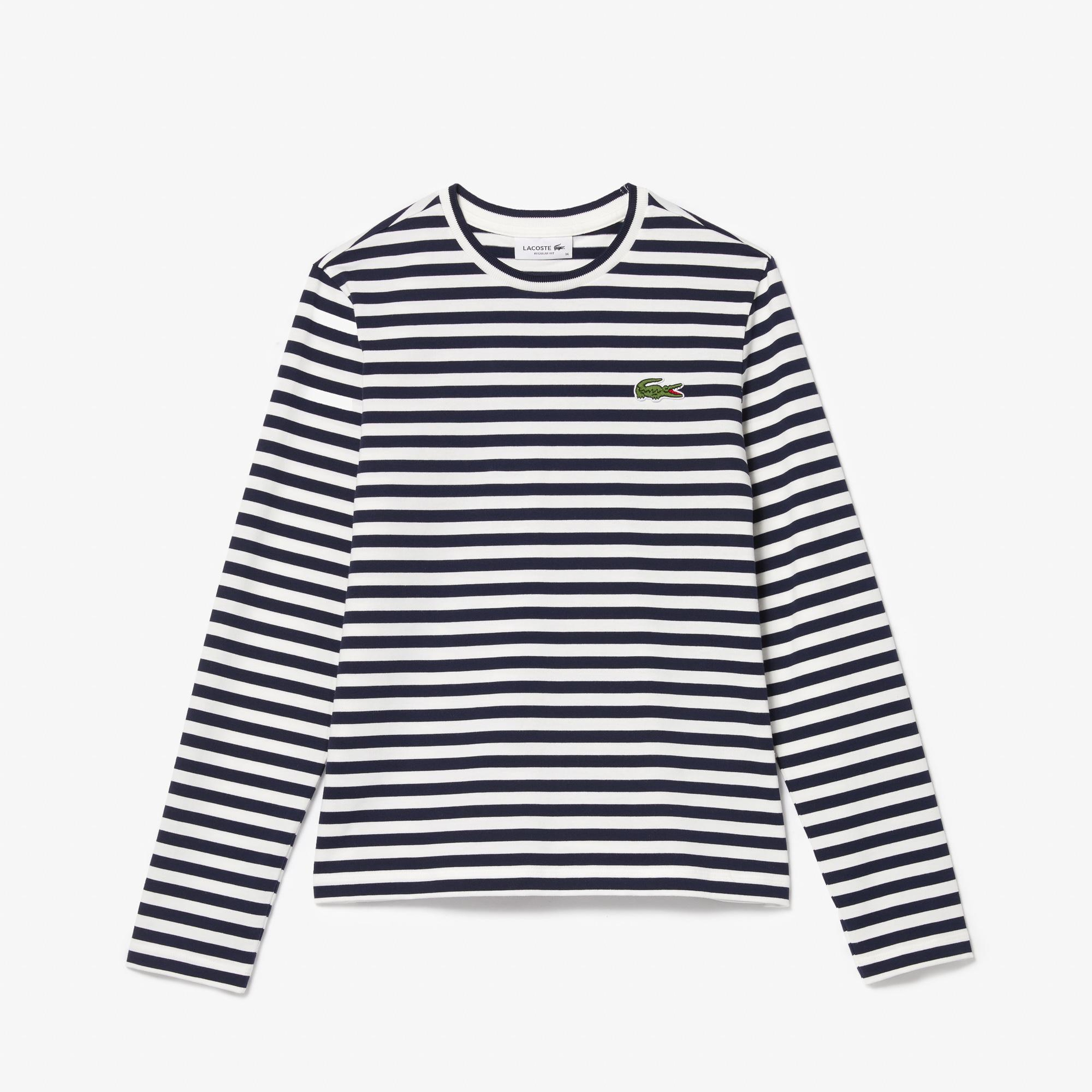 Kadın Regular Fit Uzun Kollu Bisiklet Yaka Çizgili Lacivert T-Shirt