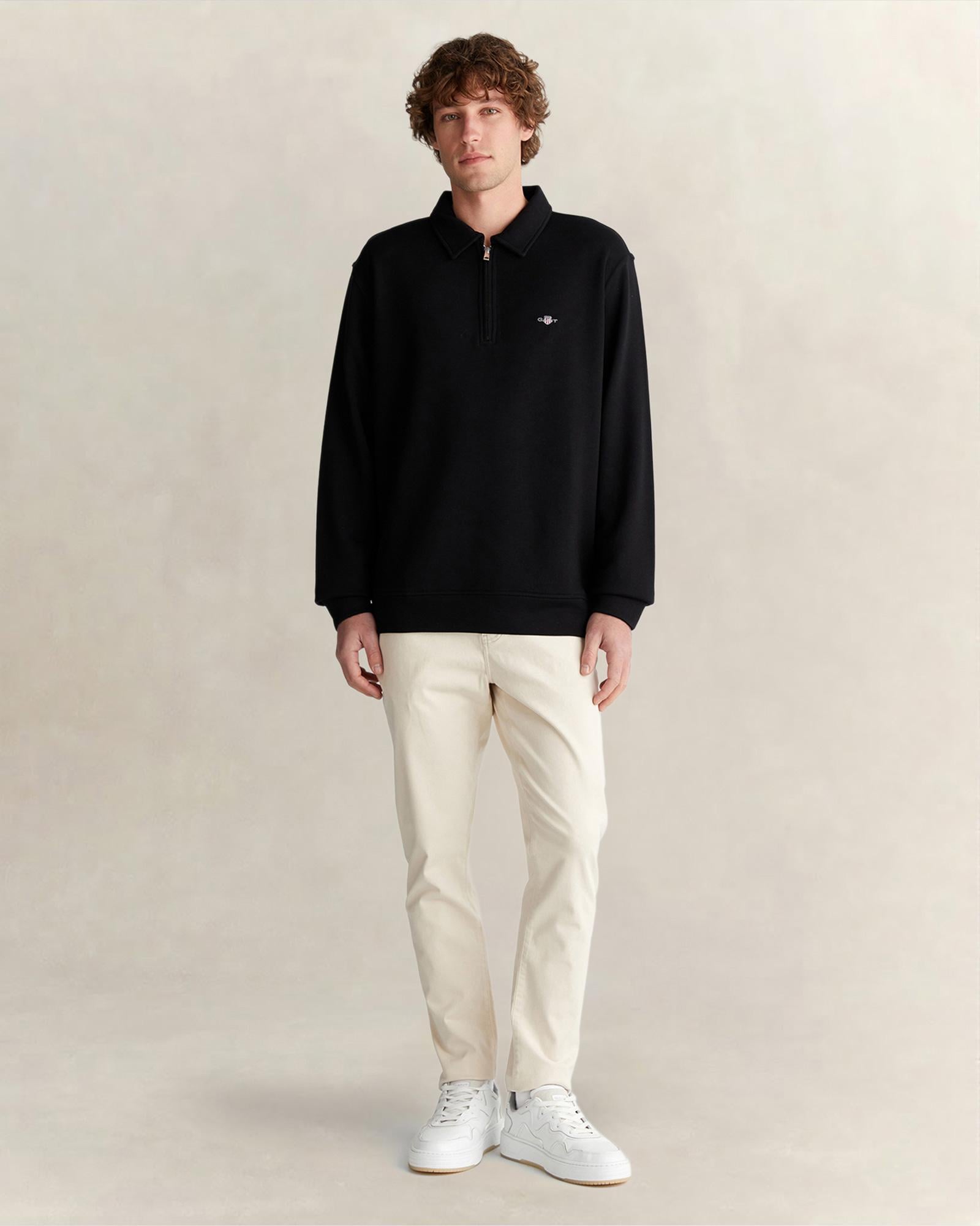 GANT Erkek Siyah Relaxed Fit Yarım Fermuarlı Logolu Sweatshirt