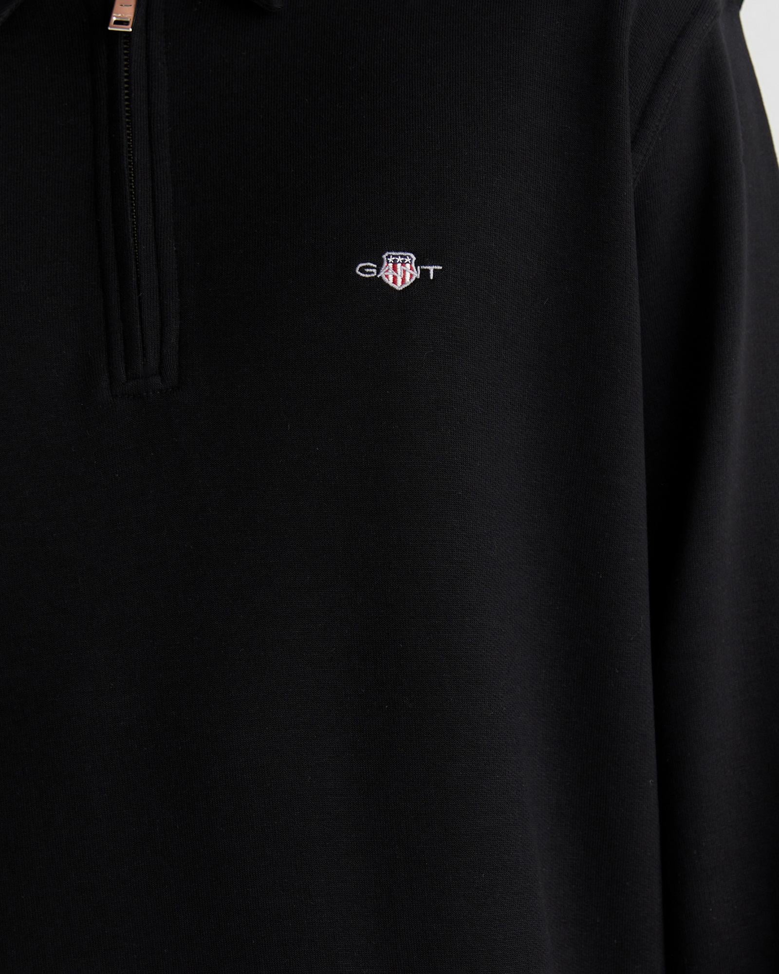 GANT Erkek Siyah Relaxed Fit Yarım Fermuarlı Logolu Sweatshirt
