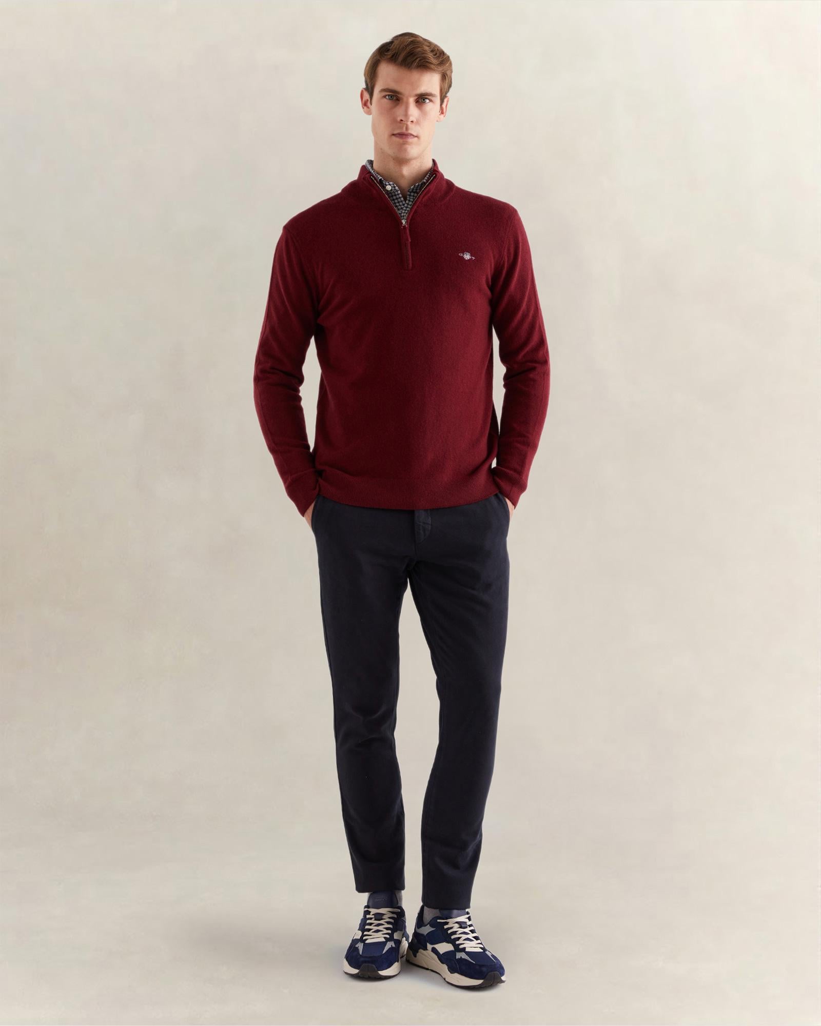 GANT Erkek Bordo Regular Fit Yarım Fermuarlı Yün Kazak