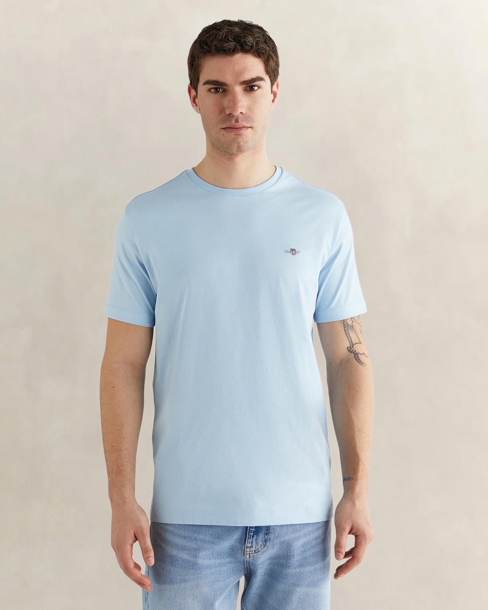 GANT Erkek Mavi Bisiklet Yaka Regular Fit Logolu T-Shirt