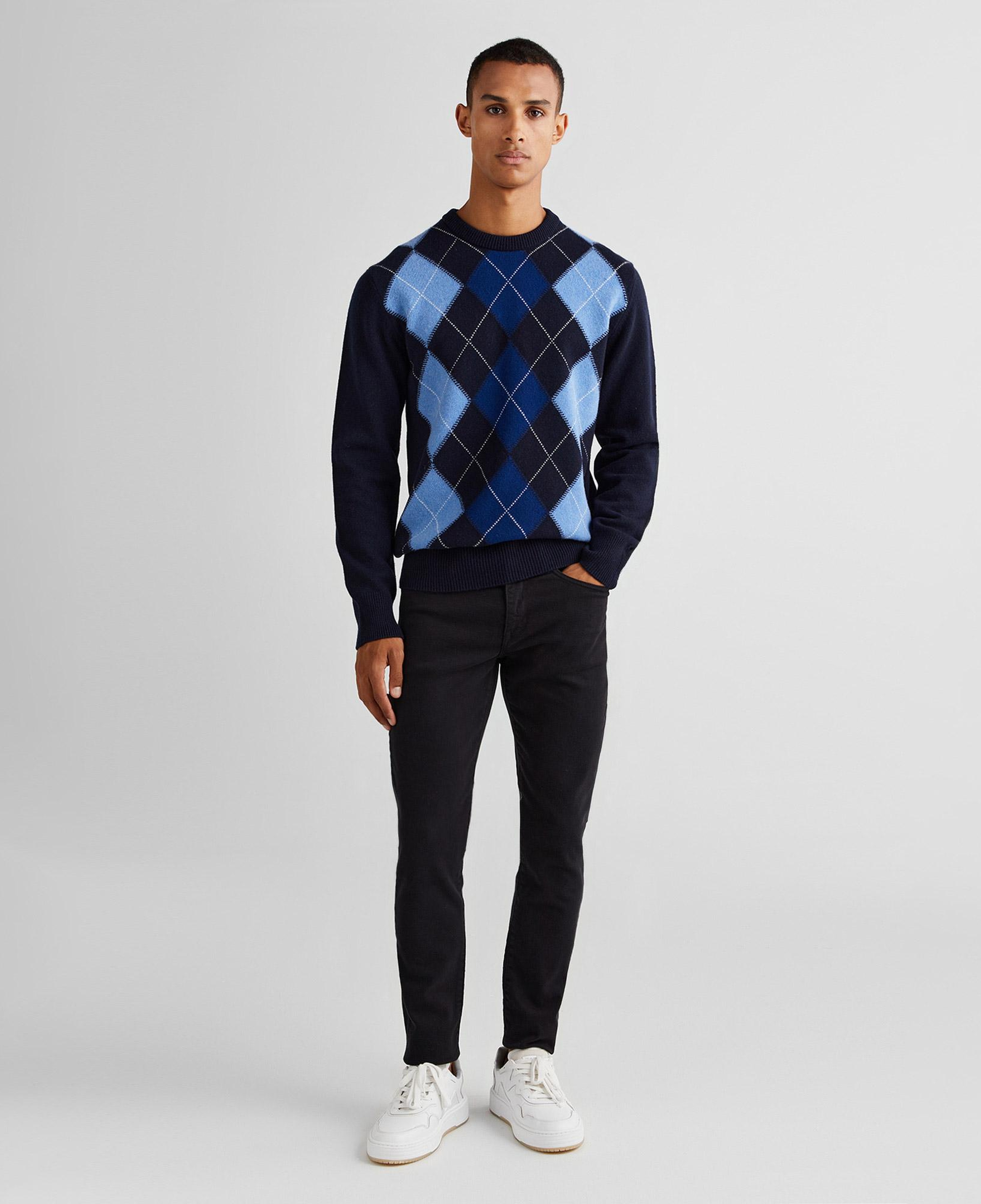 GANT Erkek Lacivert Regular Fit Bisiklet Yaka Desenli Yün Kazak