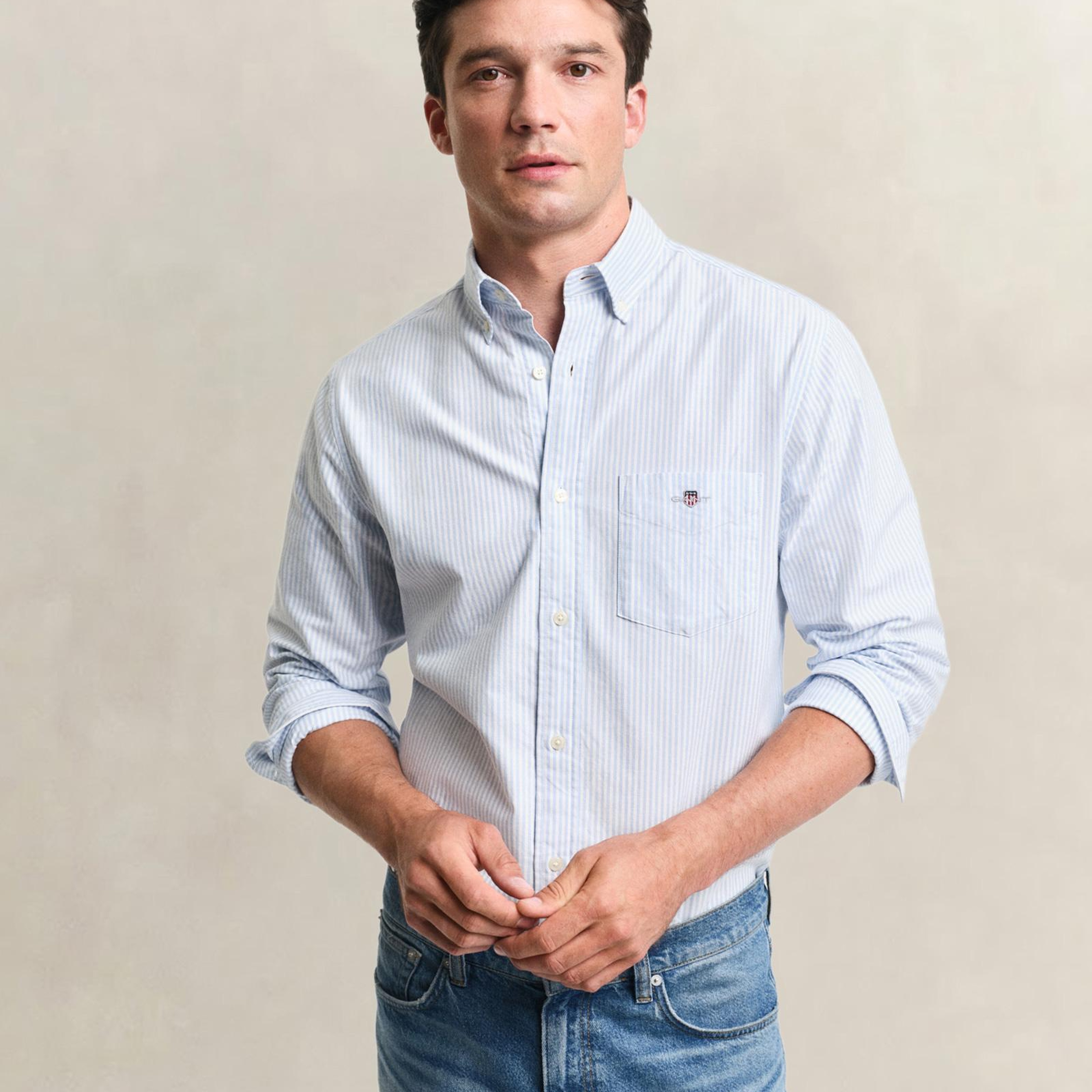 GANT Erkek Mavi Regular Fit Çizgili Logolu Gömlek