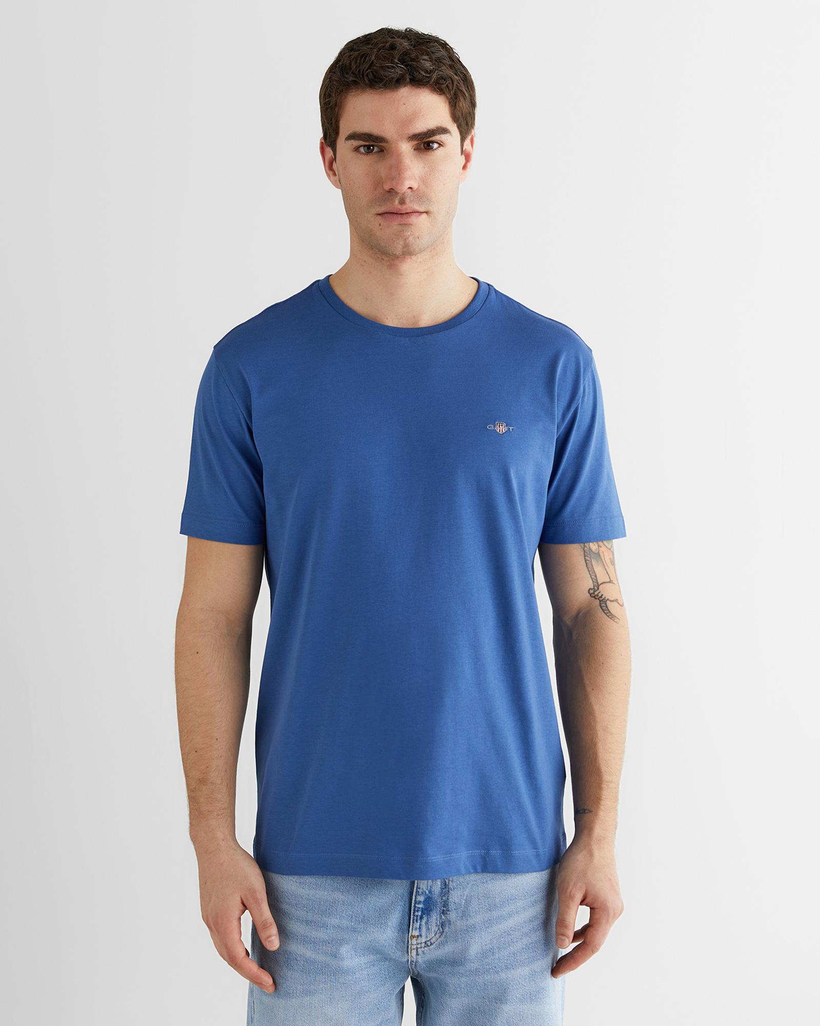 GANT Erkek Mavi Bisiklet Yaka Regular Fit Logolu T-Shirt