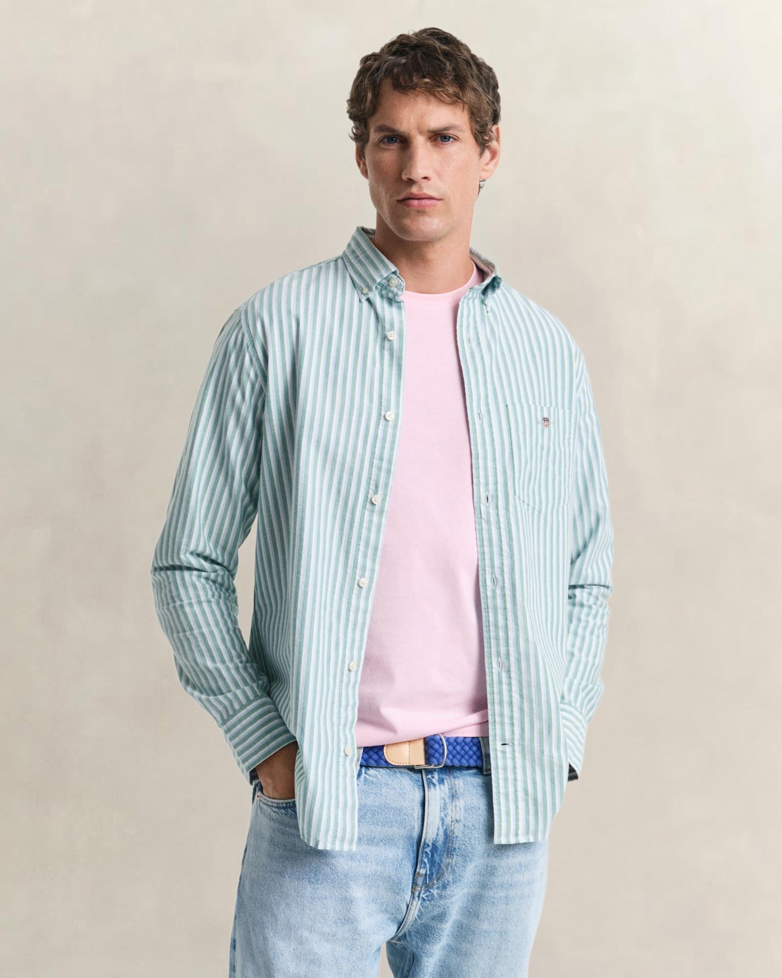 GANT Erkek Yeşil Regular Fit Çizgili Logolu Gömlek