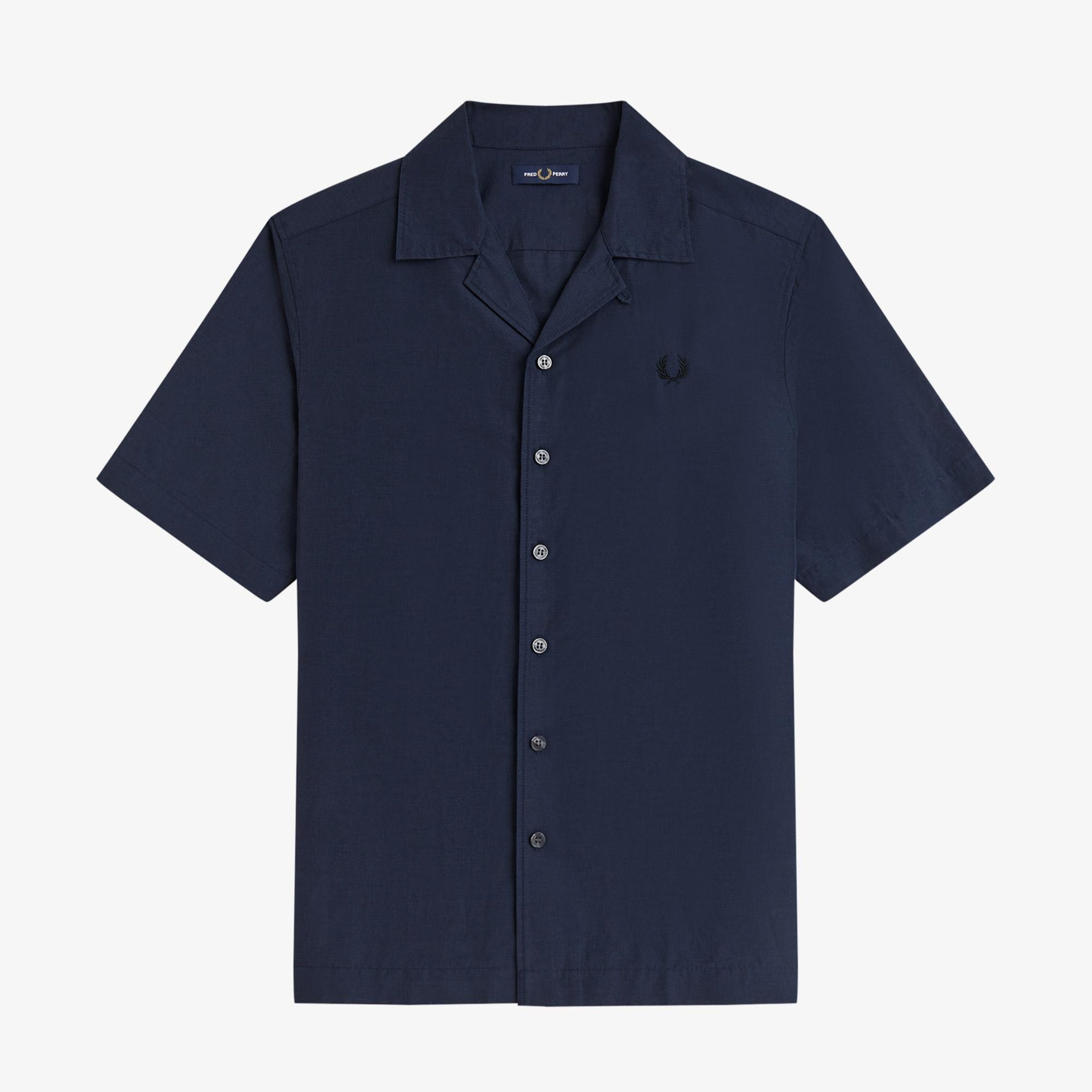 Fred Perry Keten Karışımlı Revere Collar Erkek Koyu Mavi Gömlek