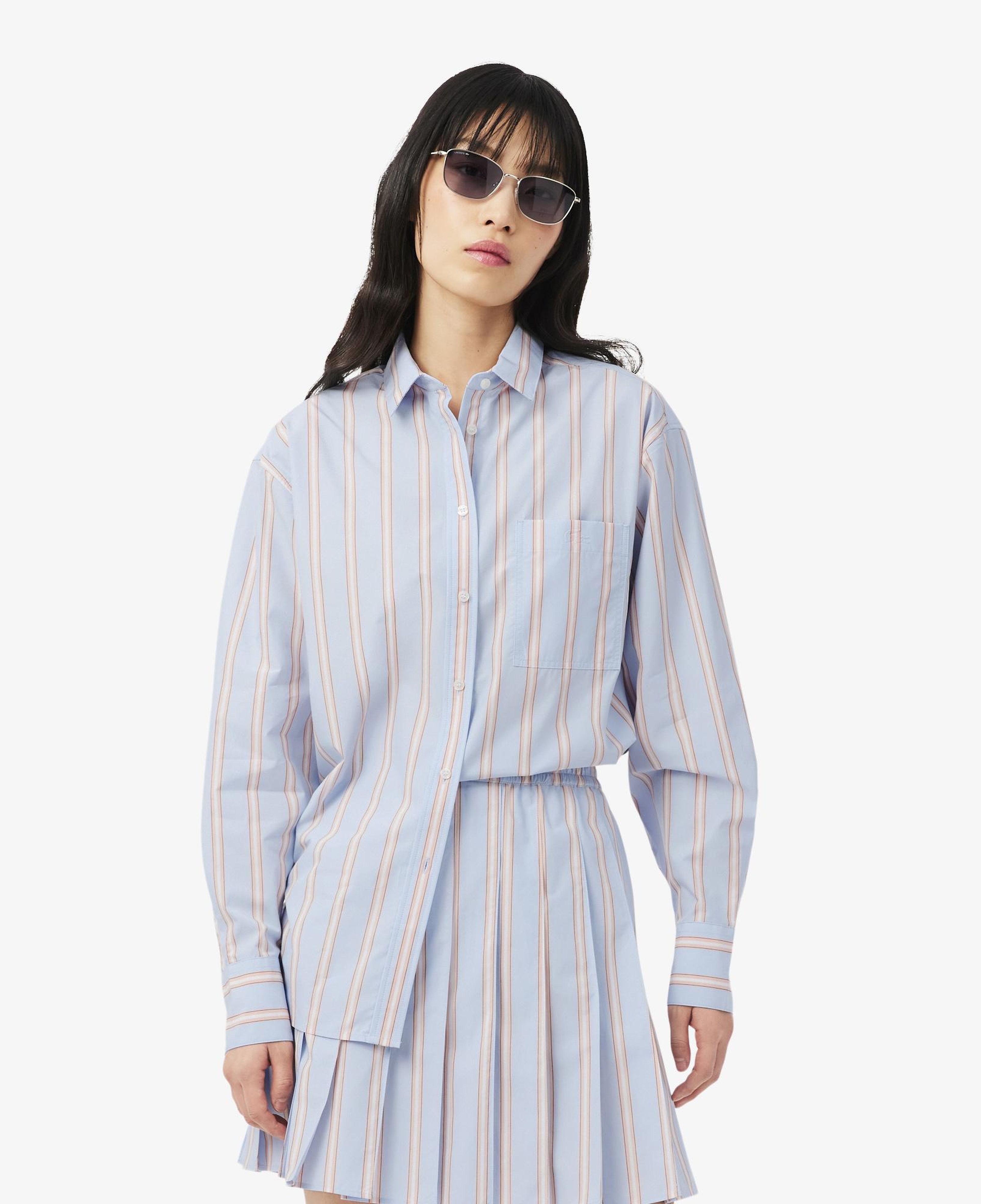 Kadın Oversize Fit Çizgili Mavi Gömlek