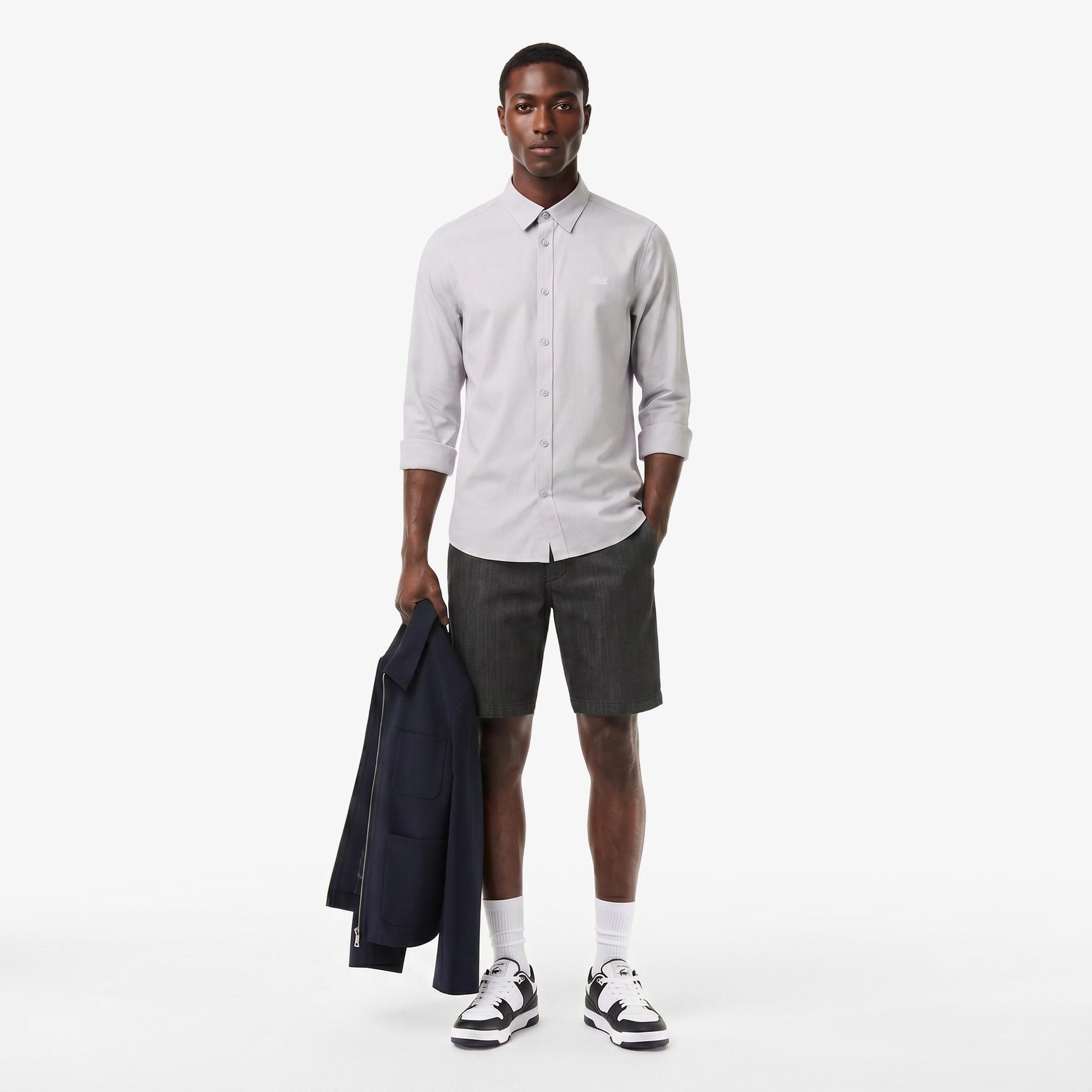 Erkek Slim Fit Düğmeli Yaka Gri Gömlek