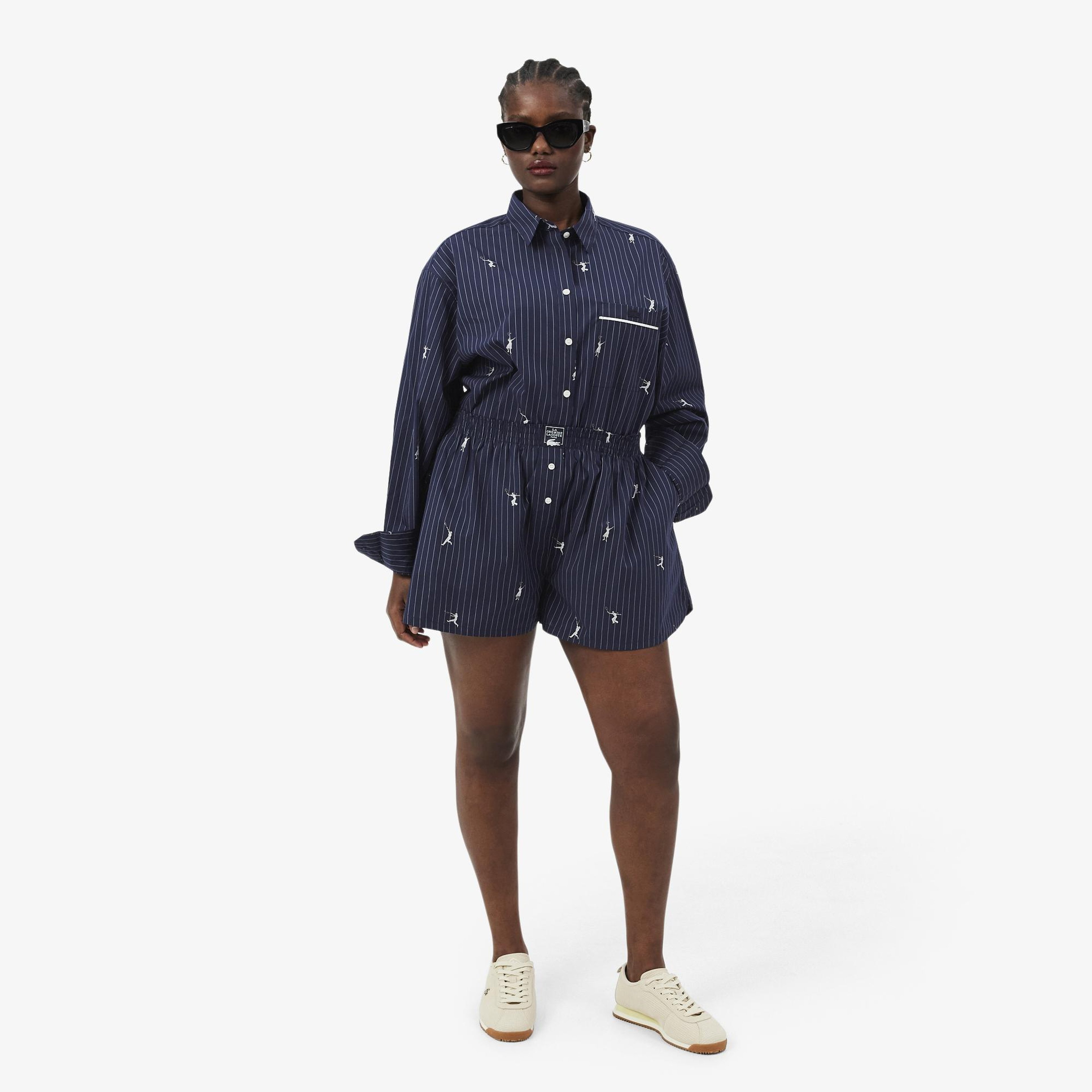 Kadın Oversize Fit Çizgili Lacivert Şort