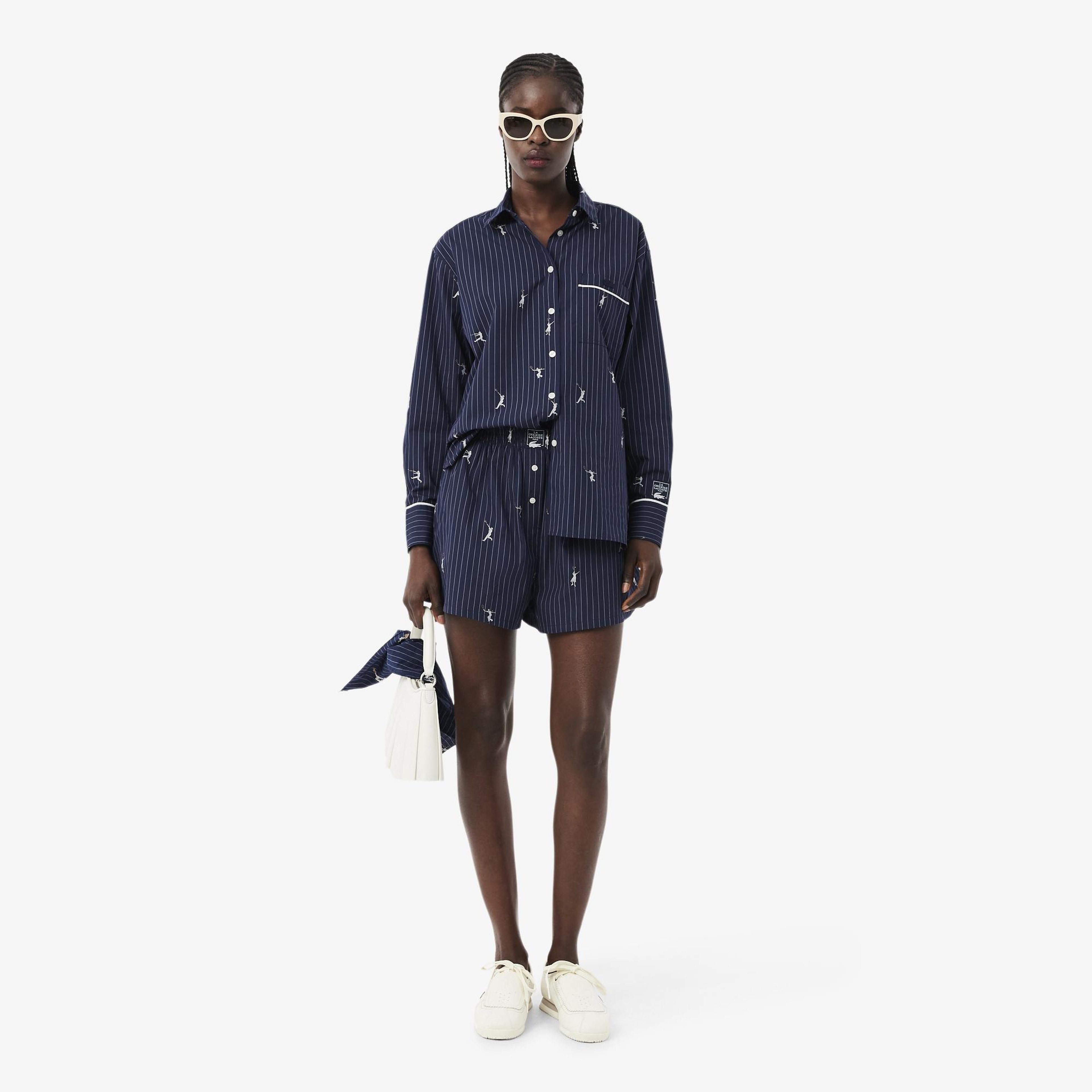 Kadın Oversize Fit Çizgili Lacivert Şort