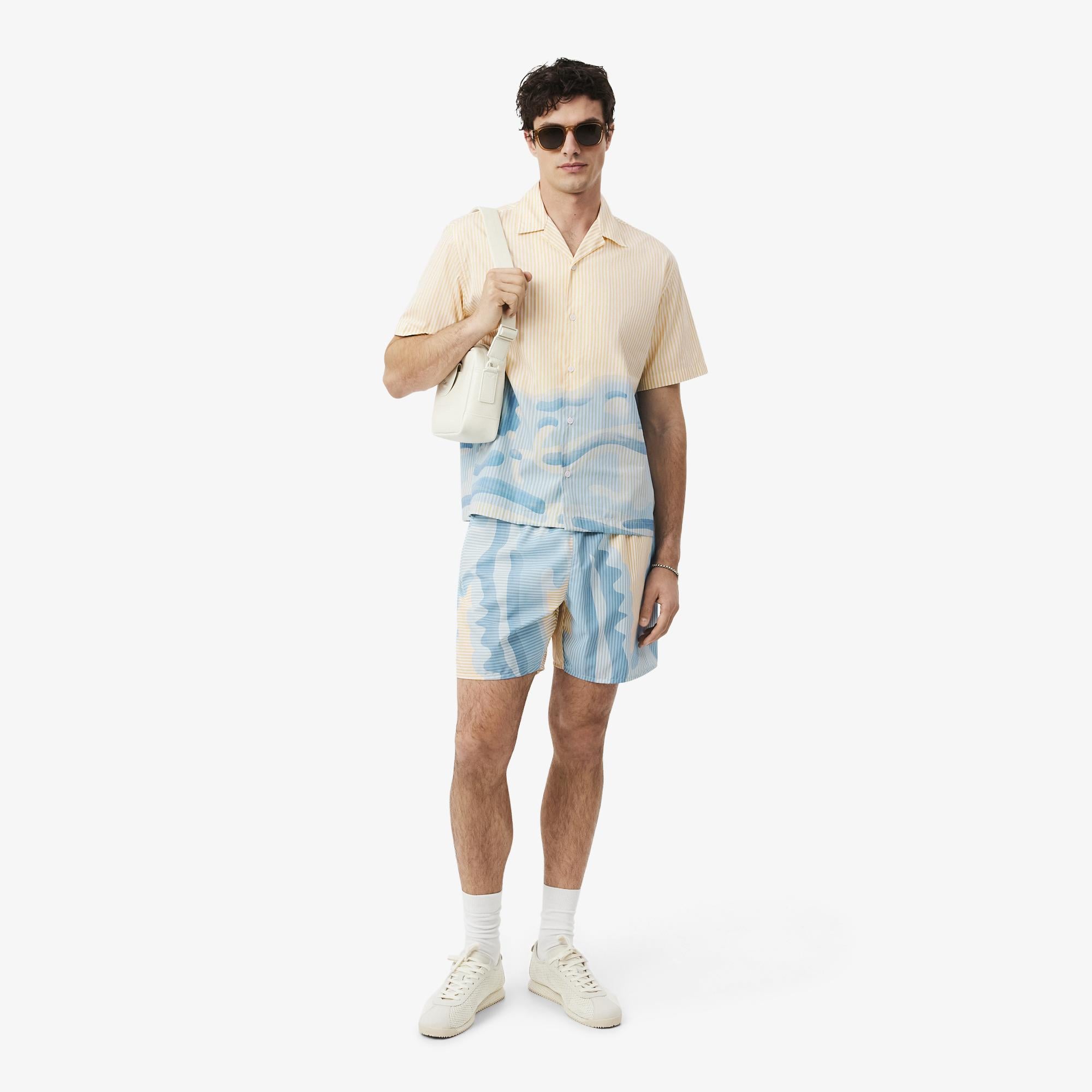 Erkek Relaxed Fit Kısa Kollu Çizgili Bej Gömlek