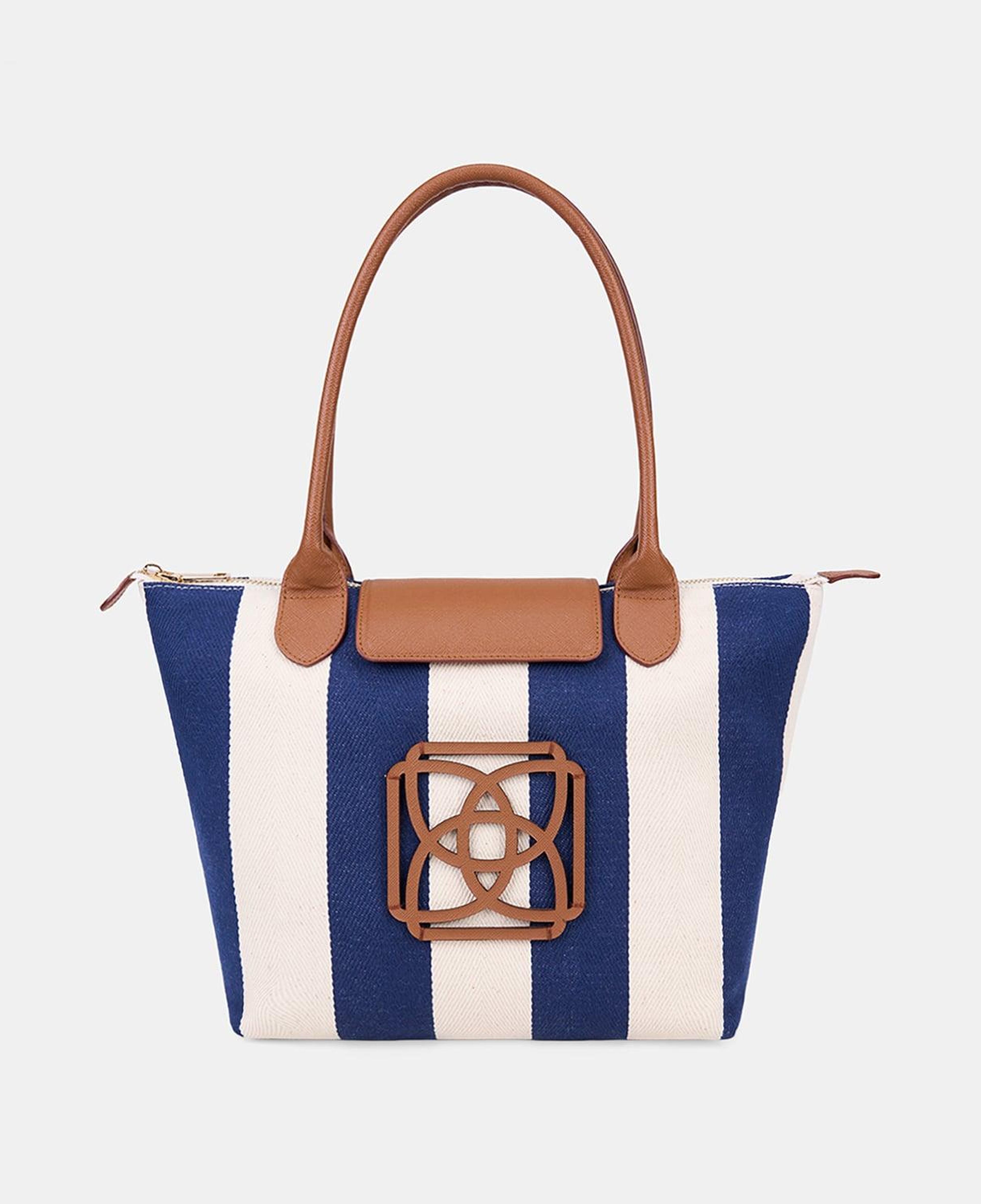 Kadın Monogram Logolu Lacivert Çizgili Kumaş Midi Omuz Çantası