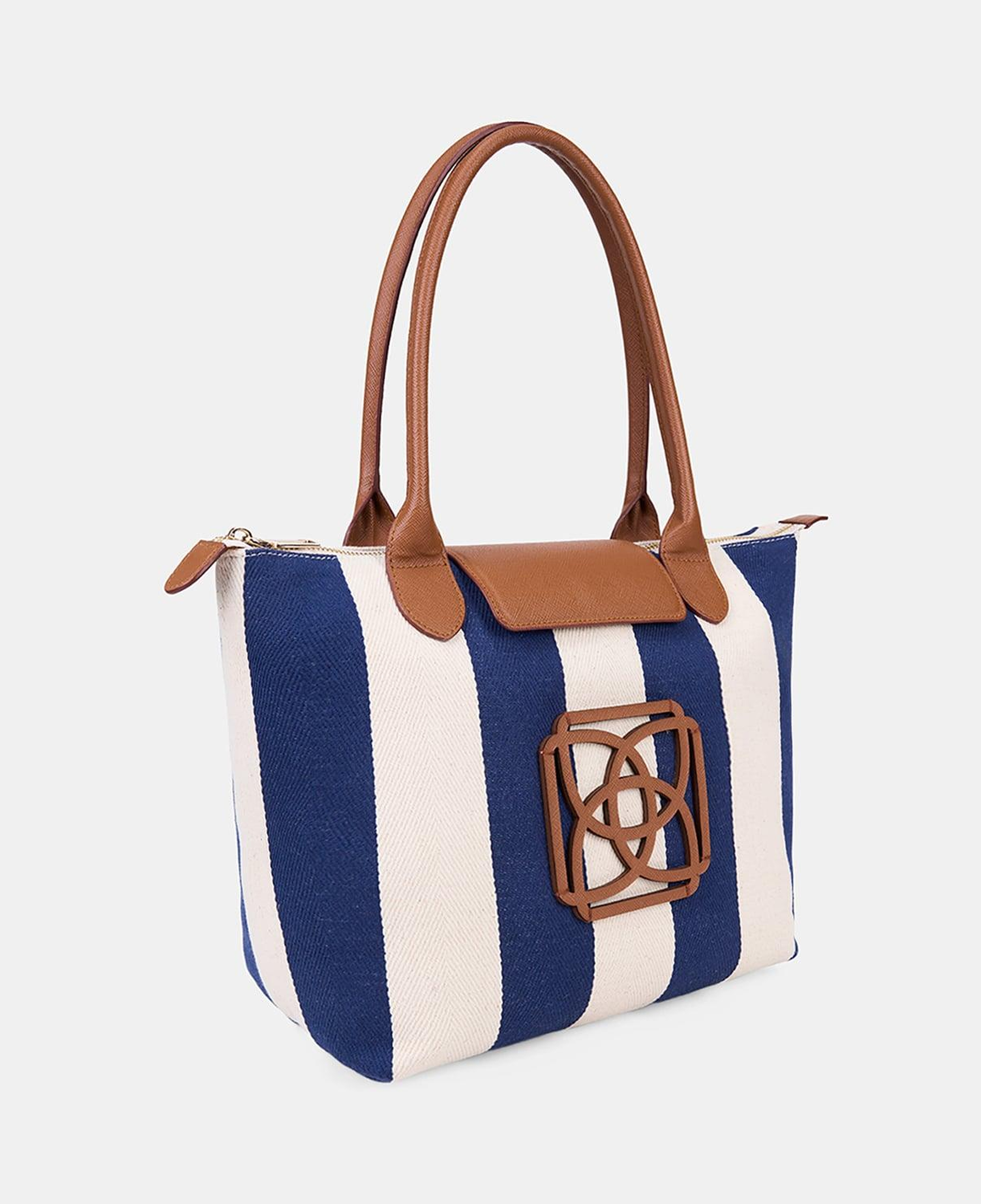 Kadın Monogram Logolu Lacivert Çizgili Kumaş Midi Omuz Çantası